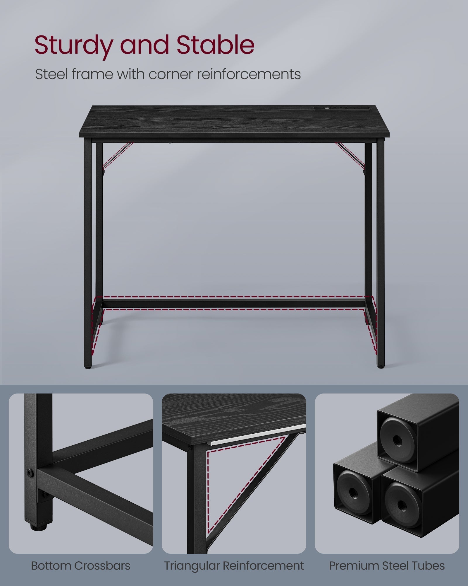 Computer Desk - Wood - Ebony Black - LED Lights and Built-In Power Outlets