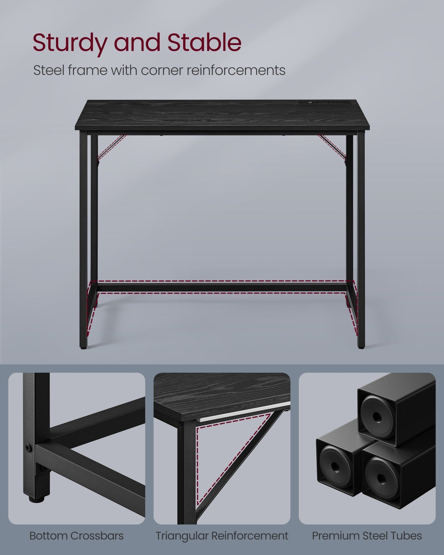 Computer Desk - Wood - Ebony Black - LED Lights and Built-In Power Outlets