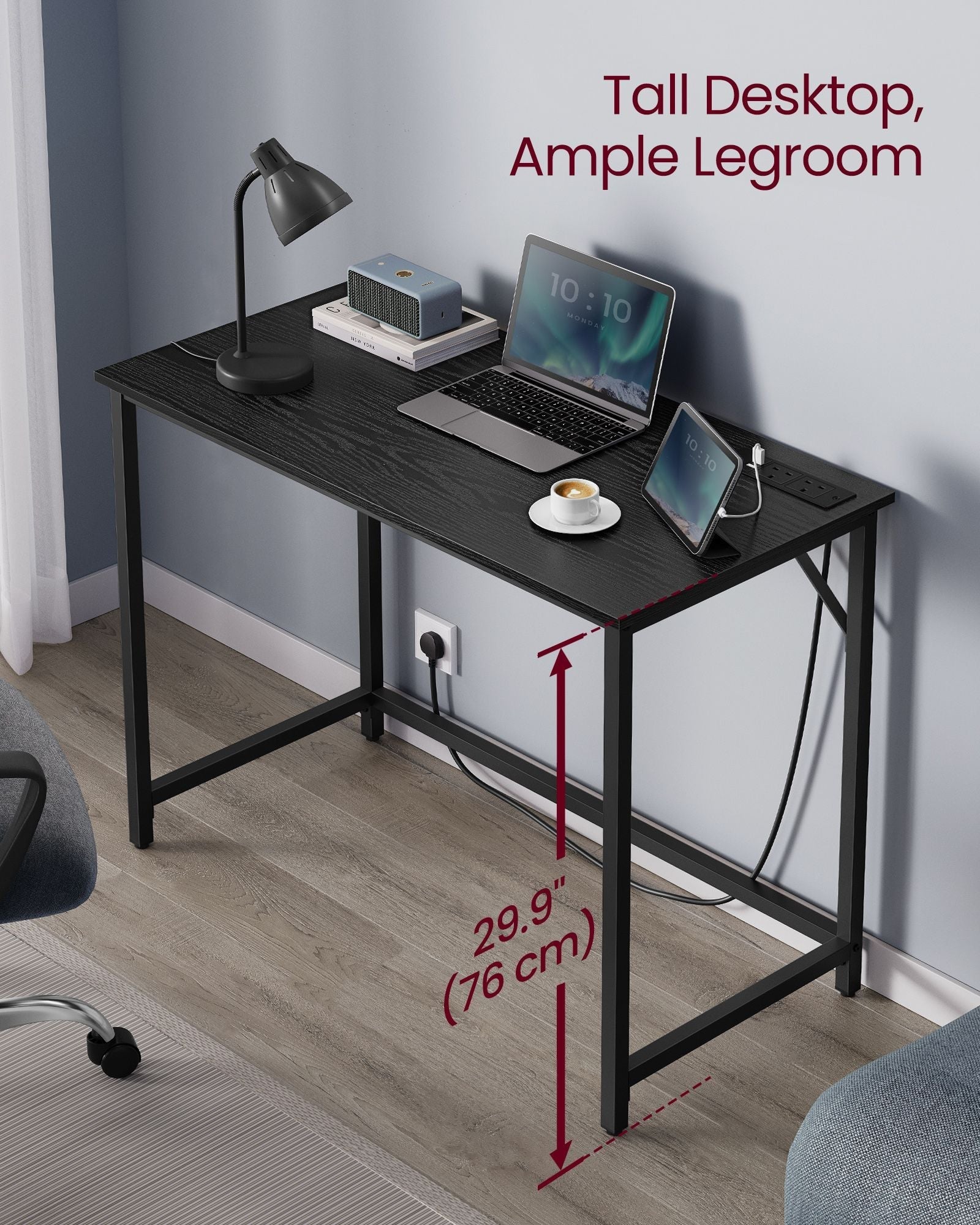 Computer Desk - Wood - Ebony Black - LED Lights and Built-In Power Outlets