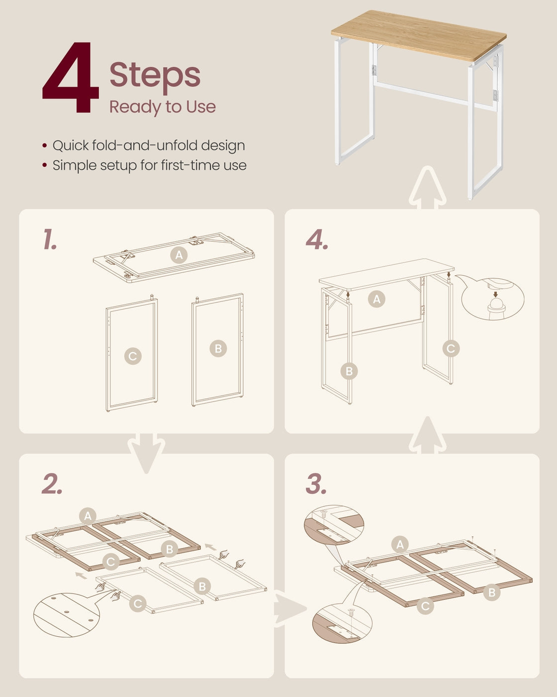 Folding Desk - 80 x 40 - Particleboard - One-Piece Desktop