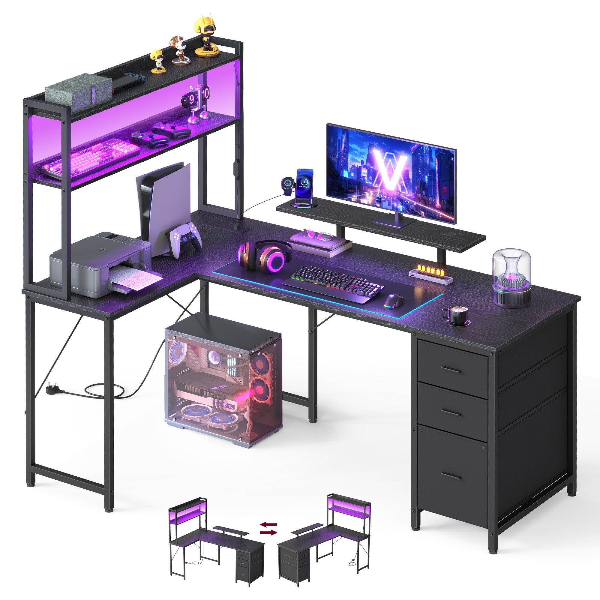Corner Desk - L-Shaped with Drawers and Power Outlets - Black - 160 x 100 x 150 cm