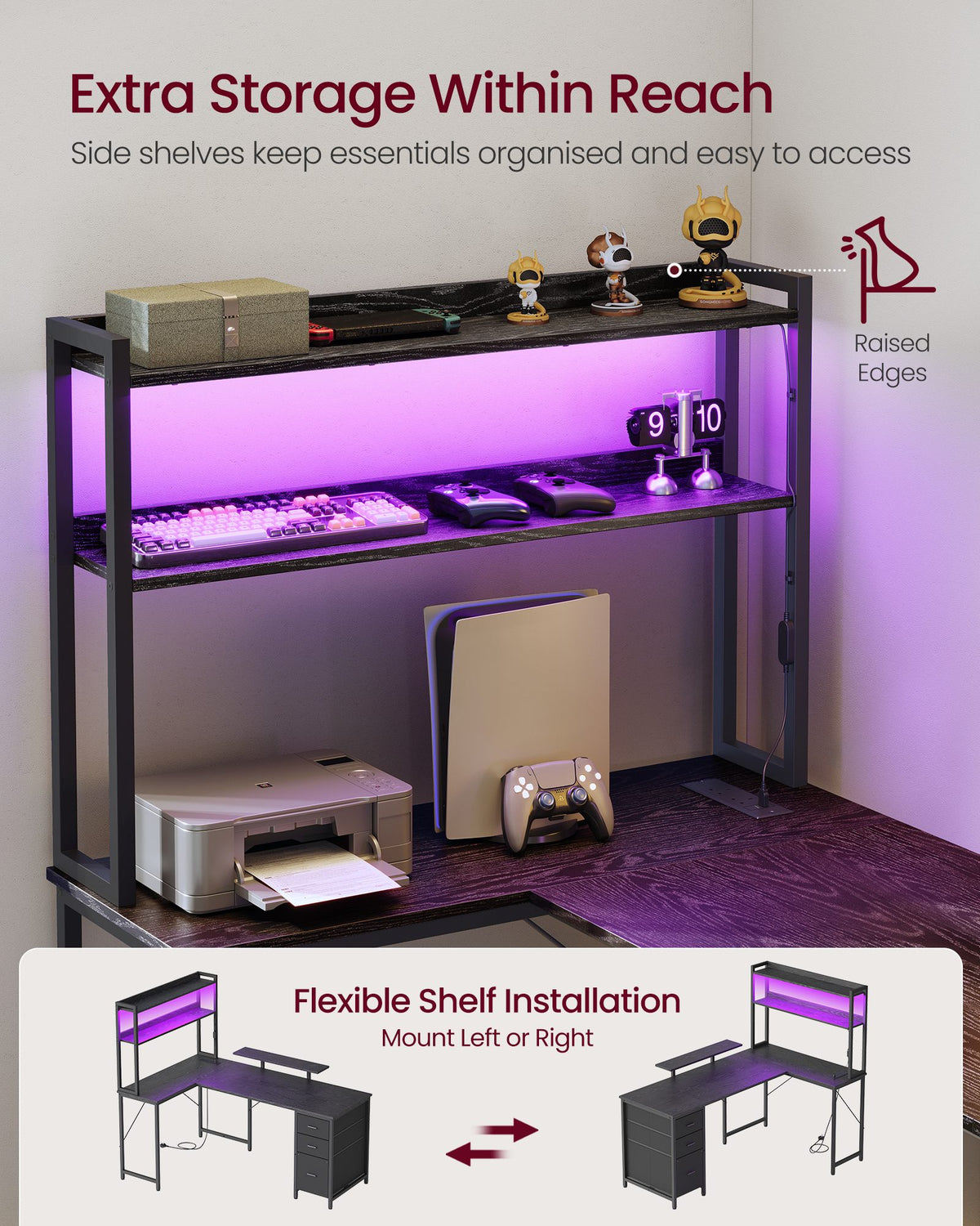 Corner Desk - L-Shaped with Drawers and Power Outlets - Black - 160 x 100 x 150 cm