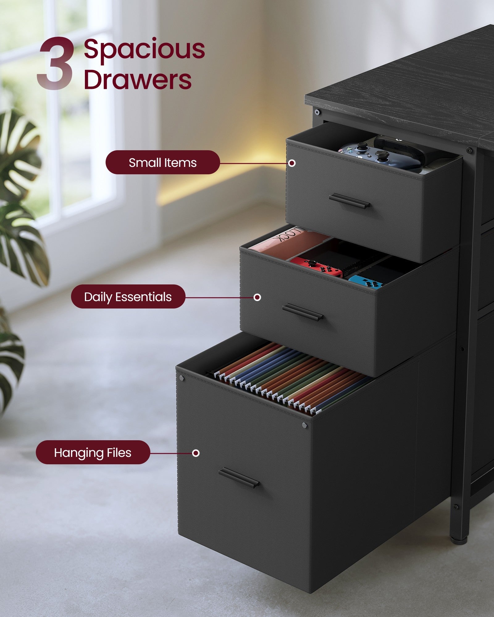 Corner Desk - L-Shaped with Drawers and Power Outlets - Black - 160 x 100 x 150 cm