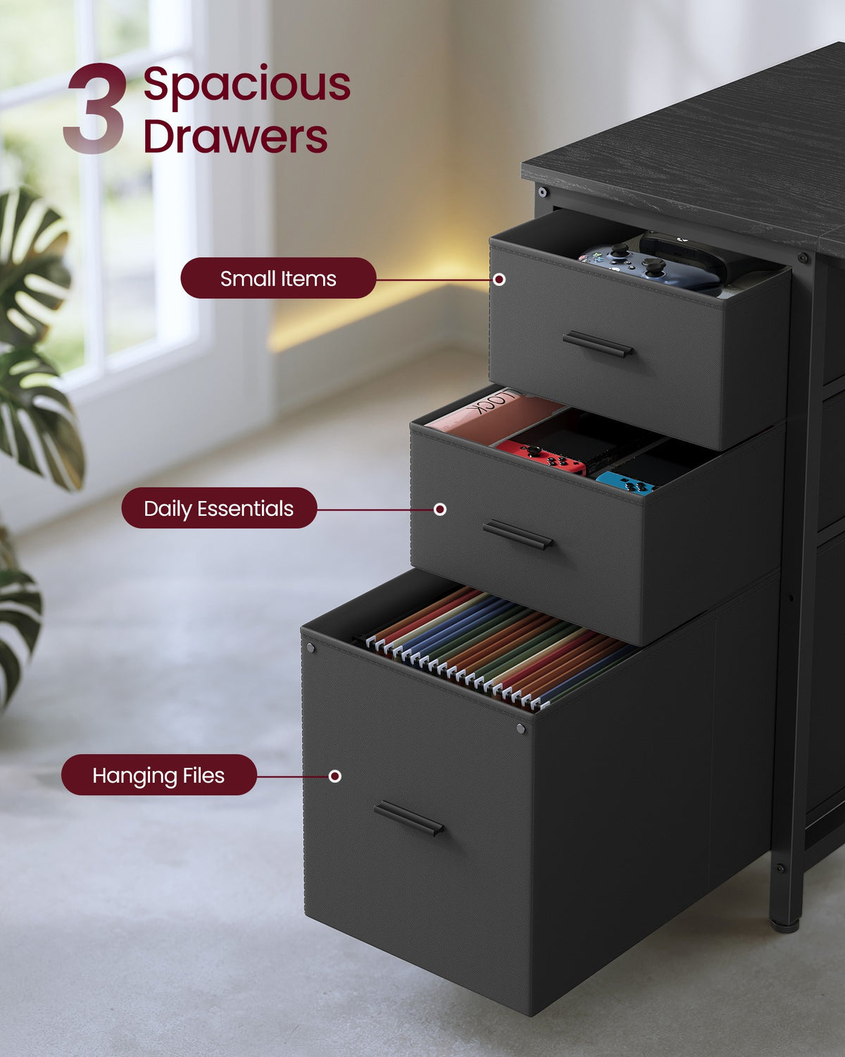 Corner Desk - L-Shaped with Drawers and Power Outlets - Black - 160 x 100 x 150 cm