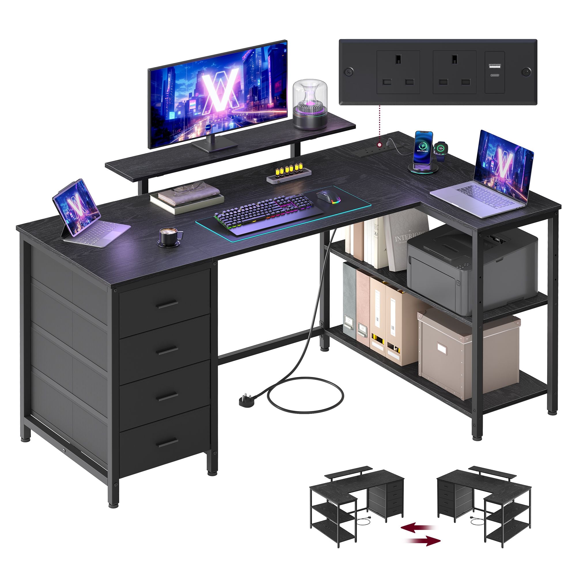 Corner Desk - L-Shaped with Drawers and Power Outlets - Ebony Black - 140 x 80 x 90 cm