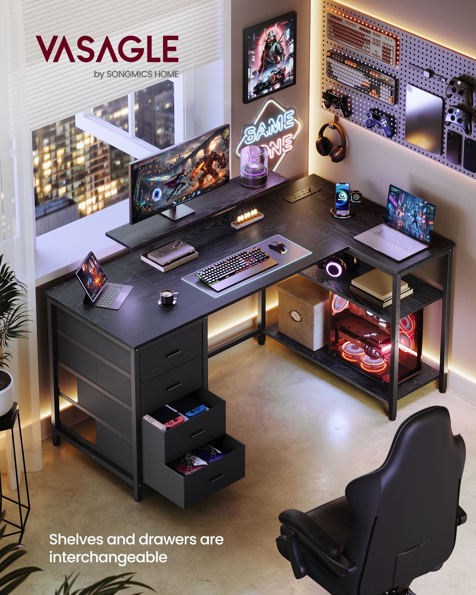 Corner Desk - L-Shaped with Drawers and Power Outlets - Ebony Black - 140 x 80 x 90 cm