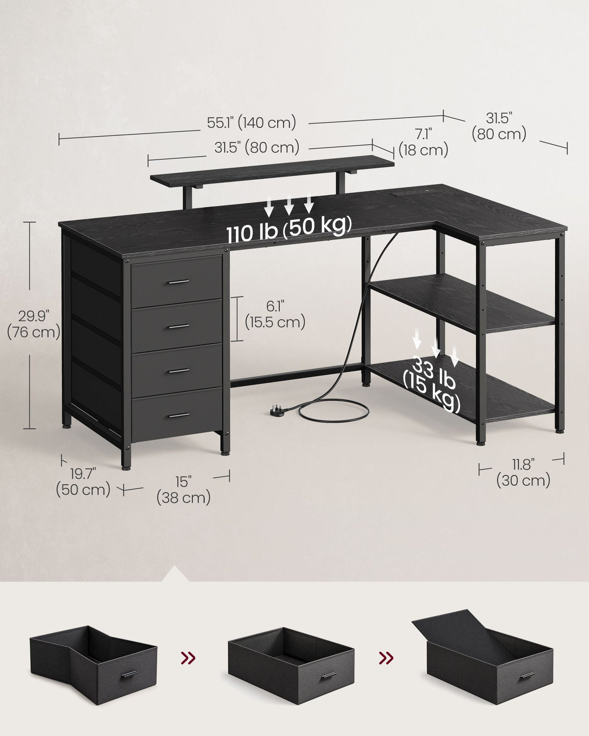 Corner Desk - L-Shaped with Drawers and Power Outlets - Ebony Black - 140 x 80 x 90 cm