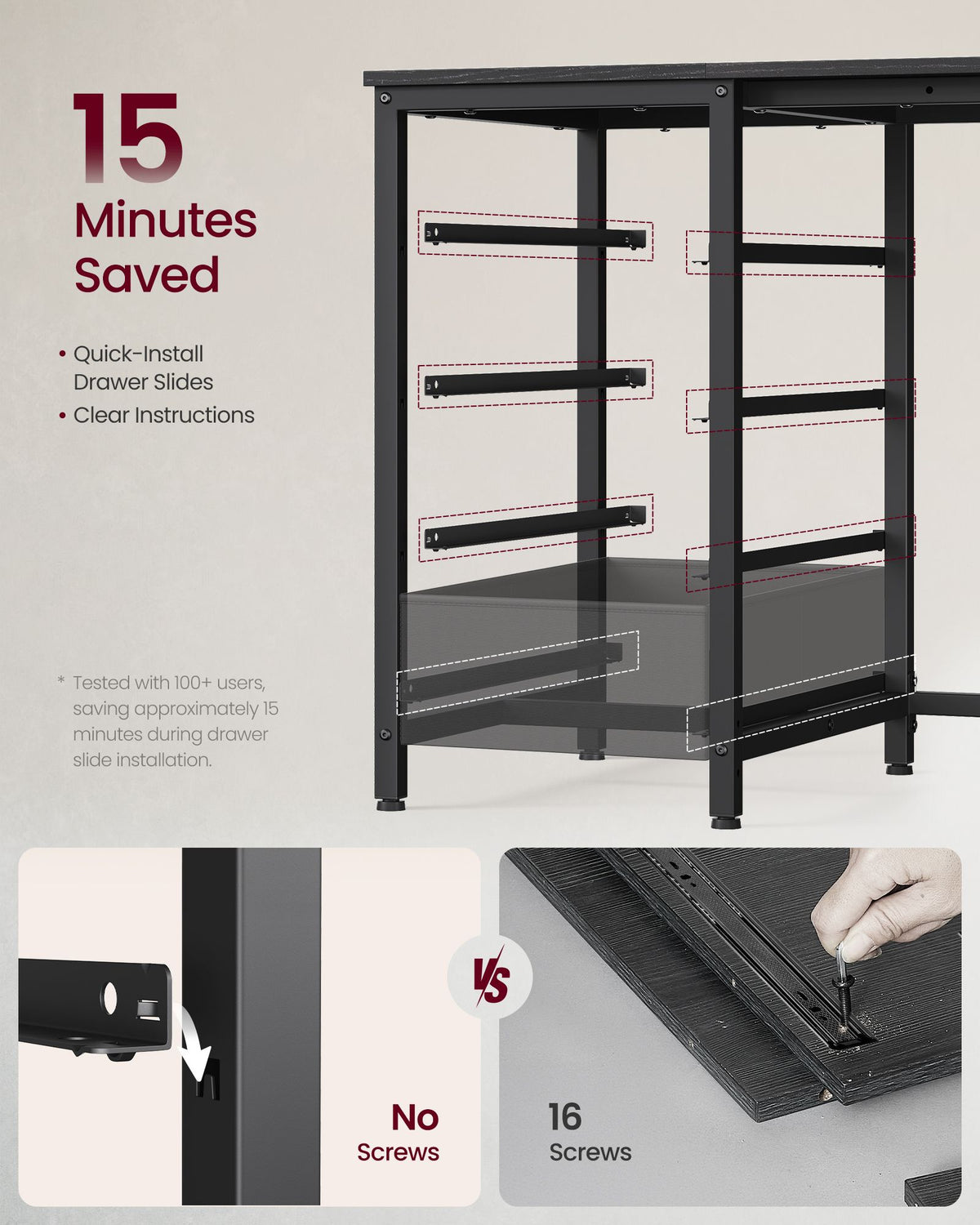 Corner Desk - L-Shaped with Drawers and Power Outlets - Ebony Black - 140 x 80 x 90 cm