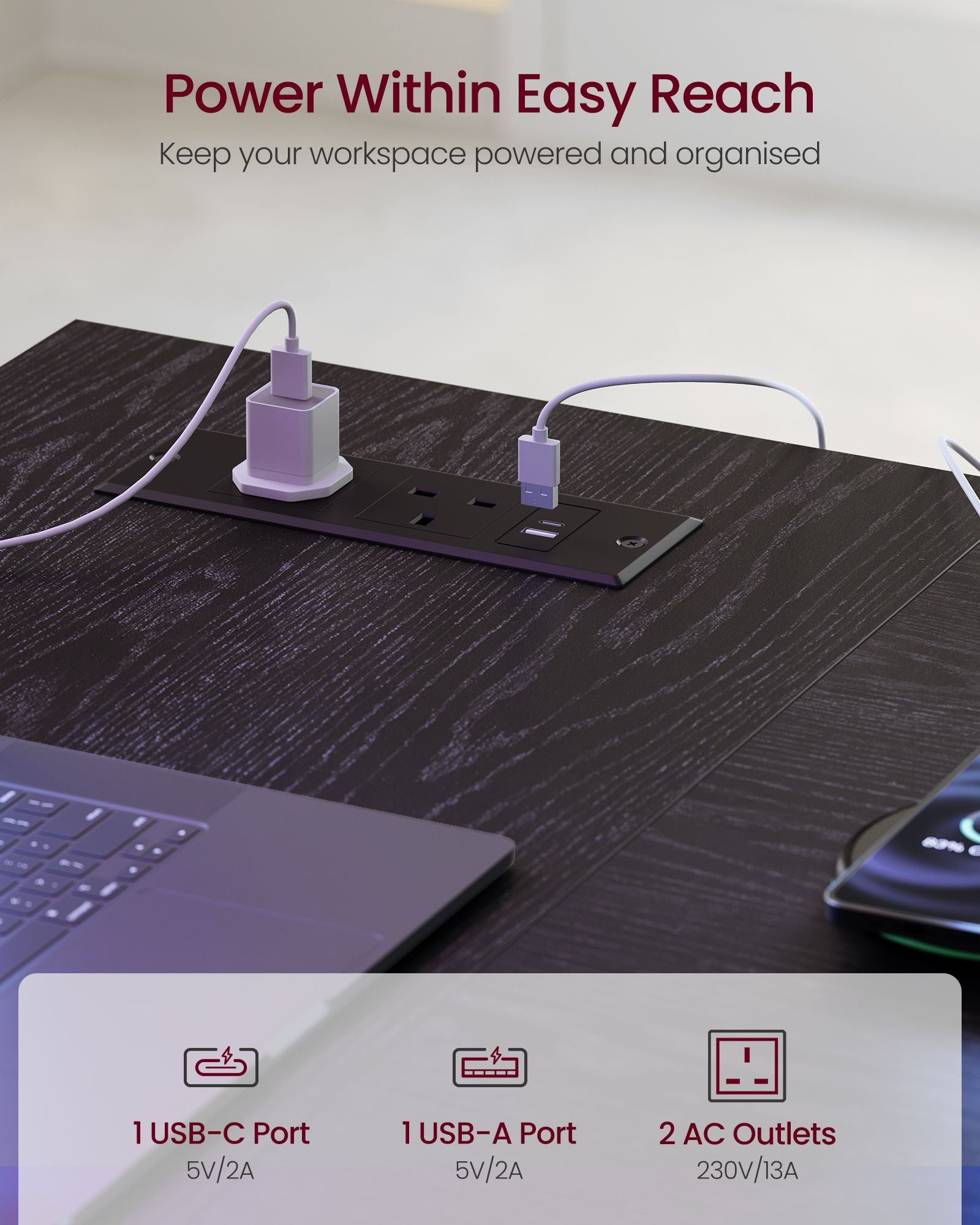 Corner Desk - L-Shaped with Drawers and Power Outlets - Ebony Black - 140 x 80 x 90 cm