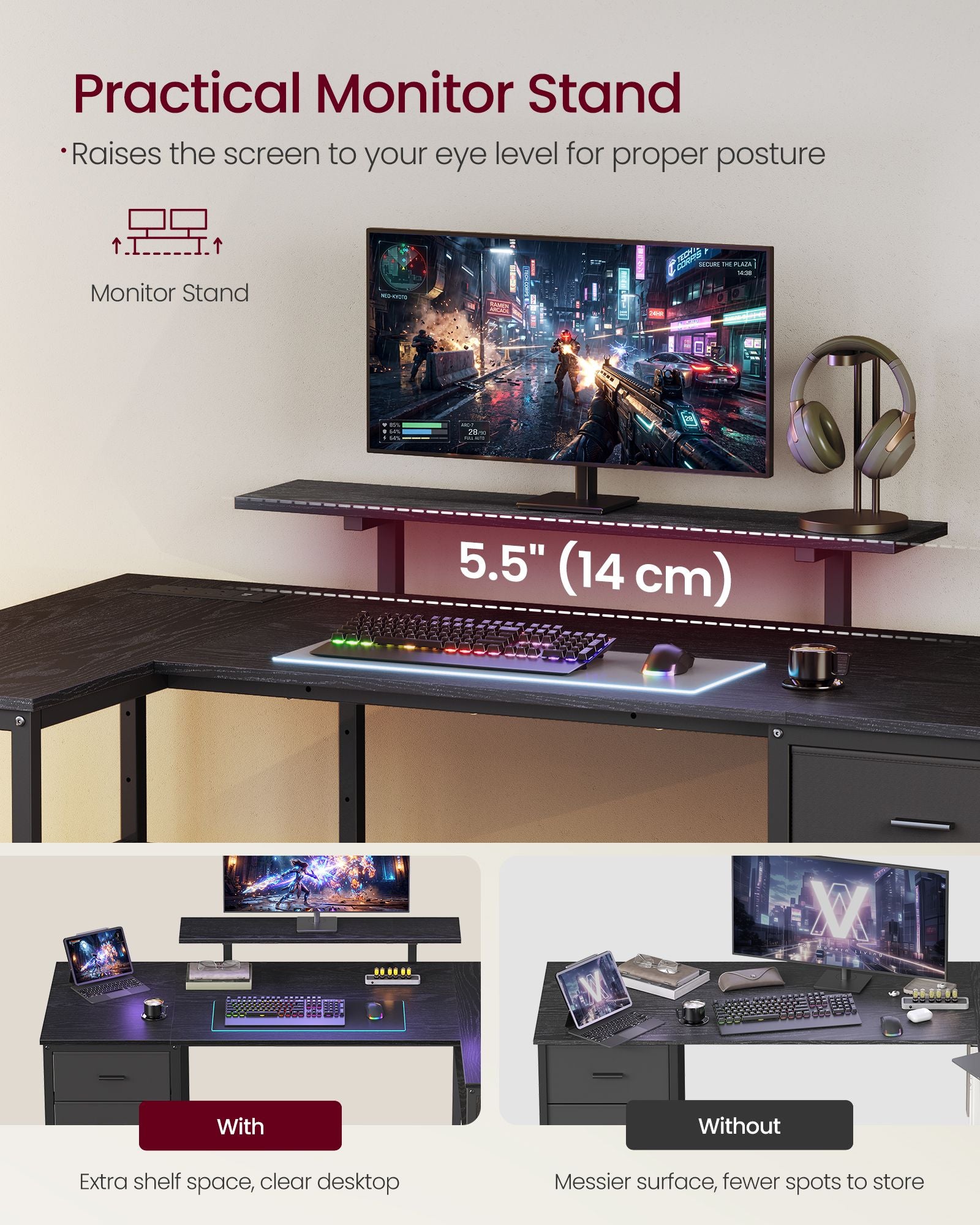 Corner Desk - L-Shaped with Drawers and Power Outlets - Ebony Black - 140 x 80 x 90 cm
