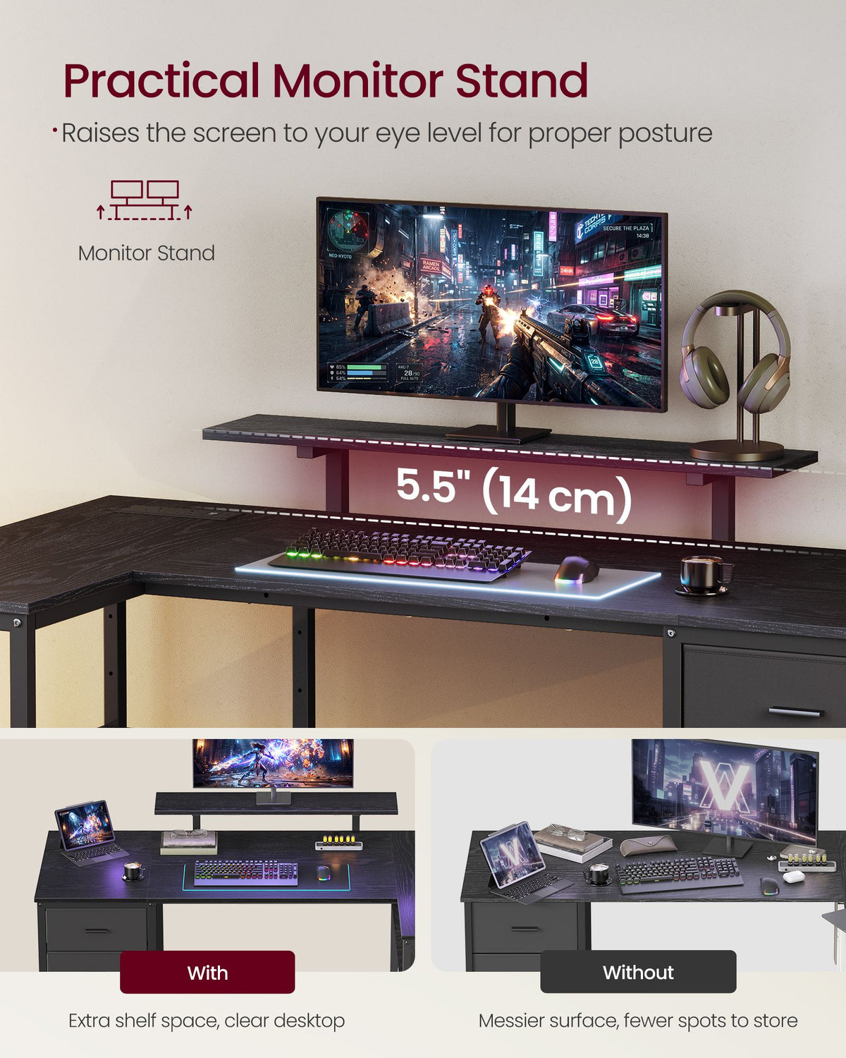 Corner Desk - L-Shaped with Drawers and Power Outlets - Ebony Black - 140 x 80 x 90 cm