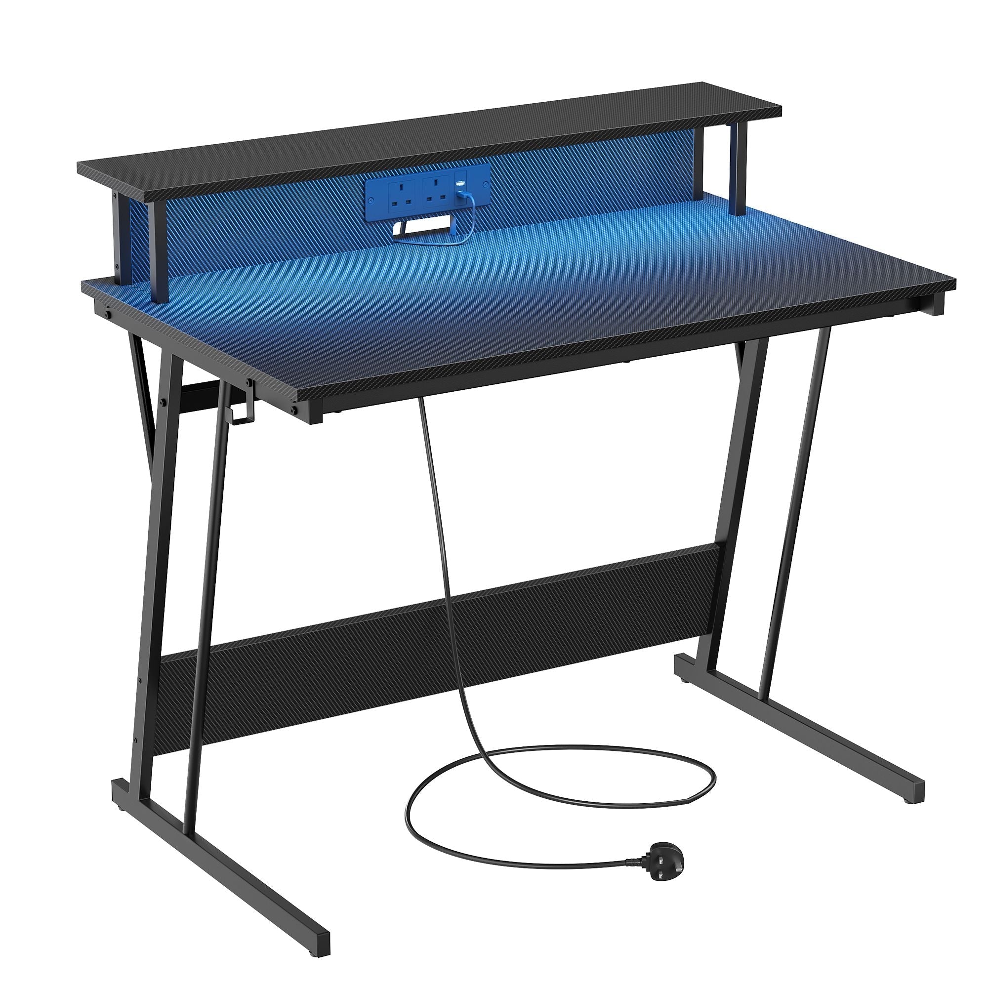 Gaming Desk - Carbon Black - Features LED Lighting and Built-In Power Outlets