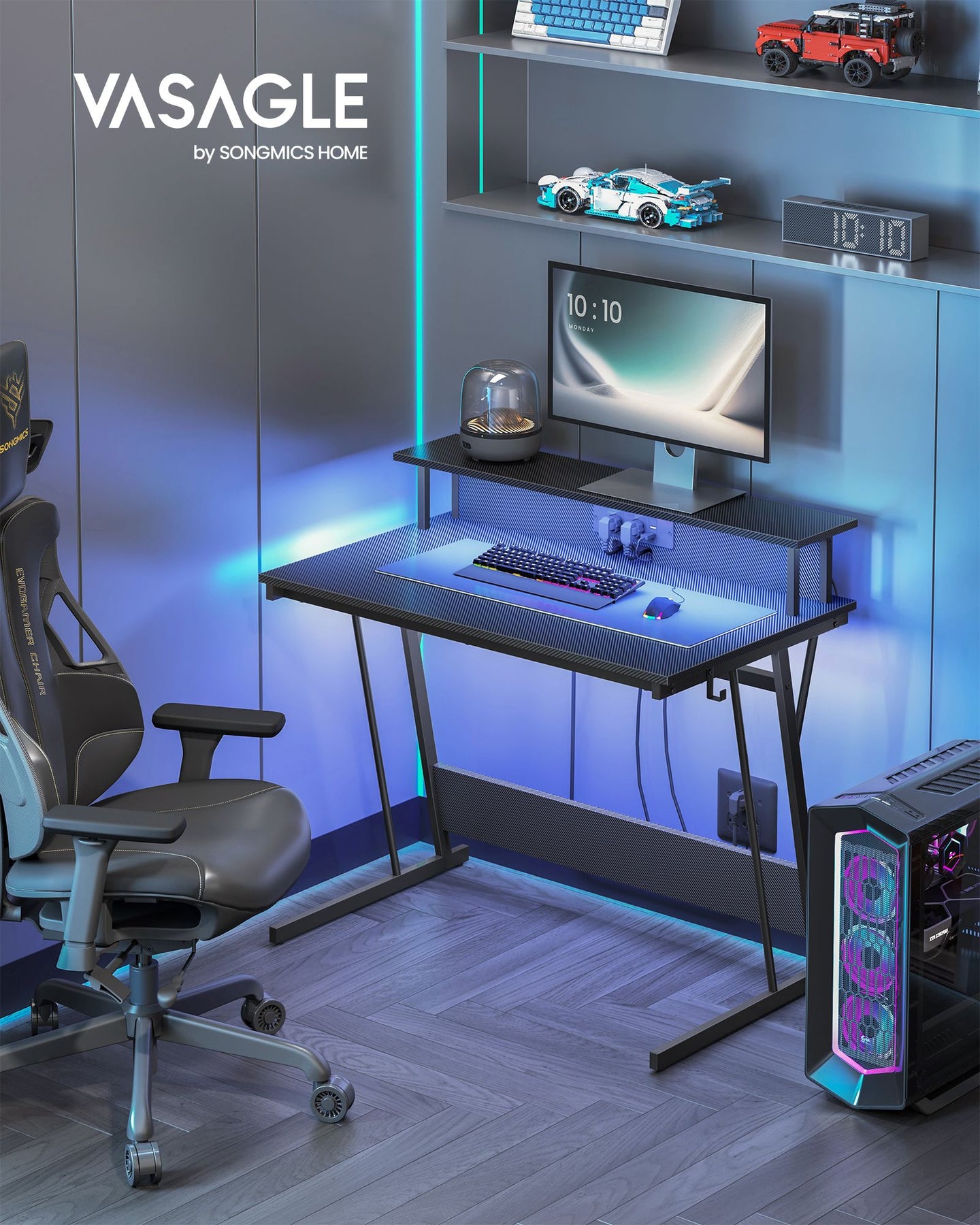 Gaming Desk - Carbon Black - Features LED Lighting and Built-In Power Outlets