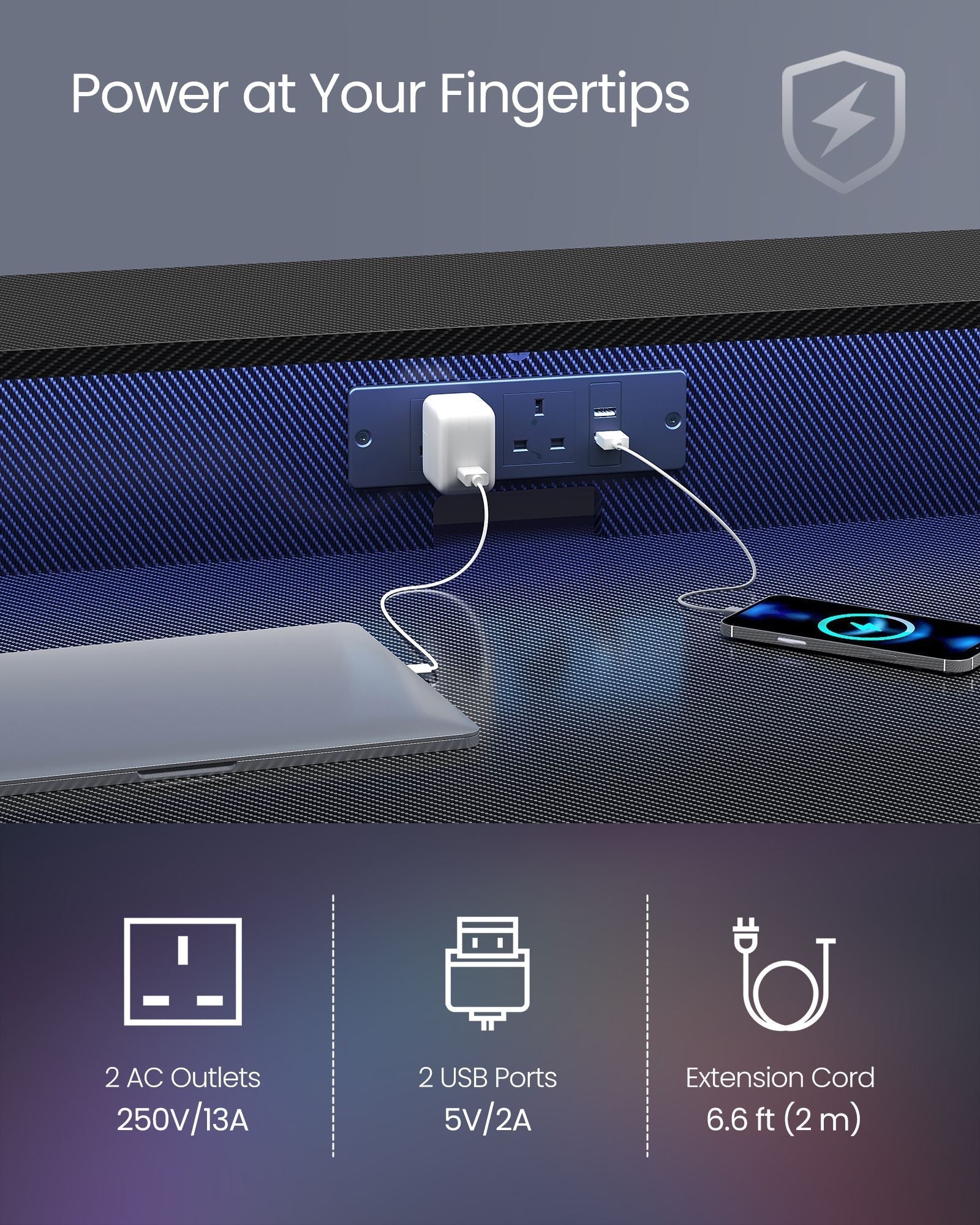 Gaming Desk - Carbon Black - Features LED Lighting and Built-In Power Outlets