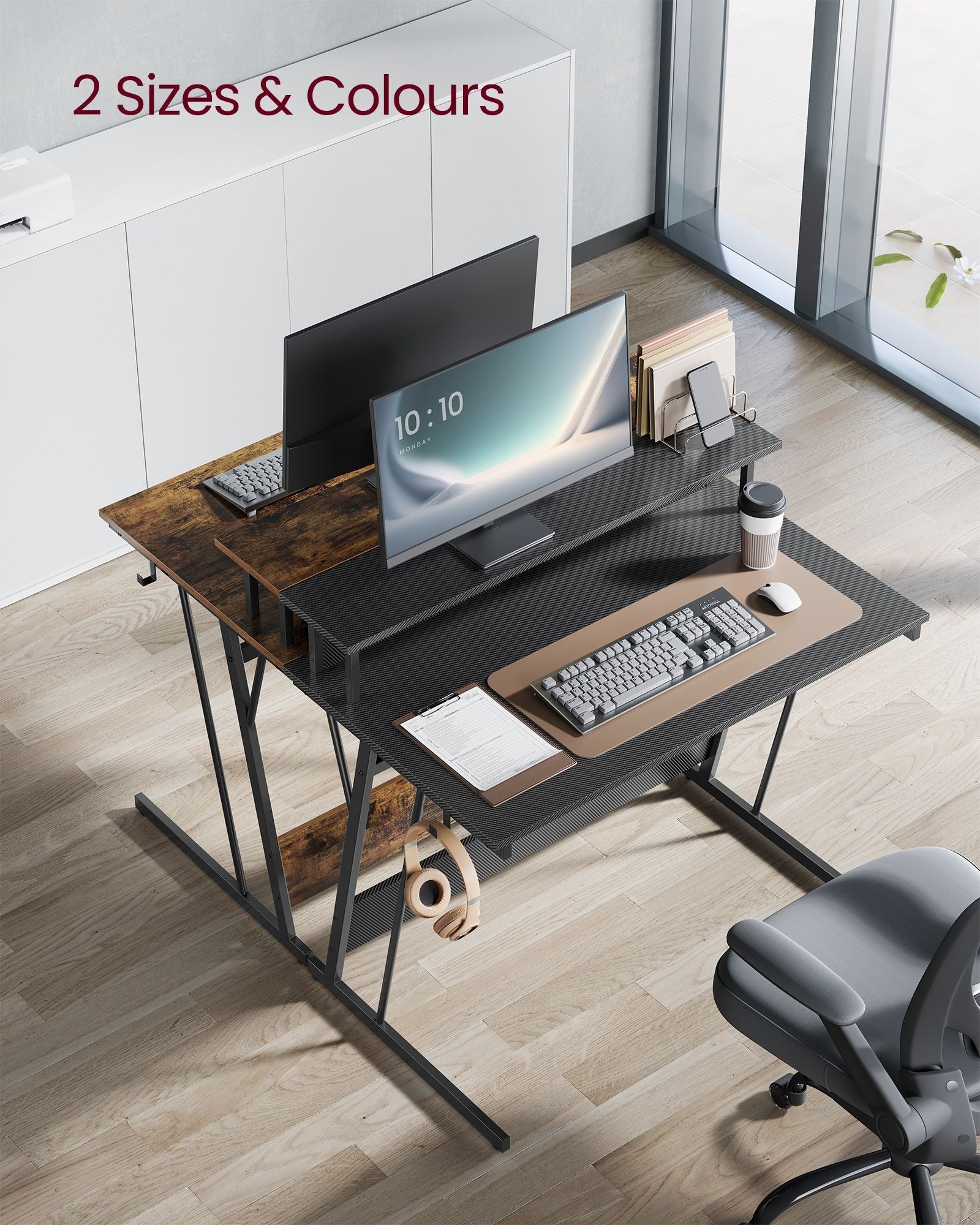 Gaming Desk - Carbon Black - Features LED Lighting and Built-In Power Outlets