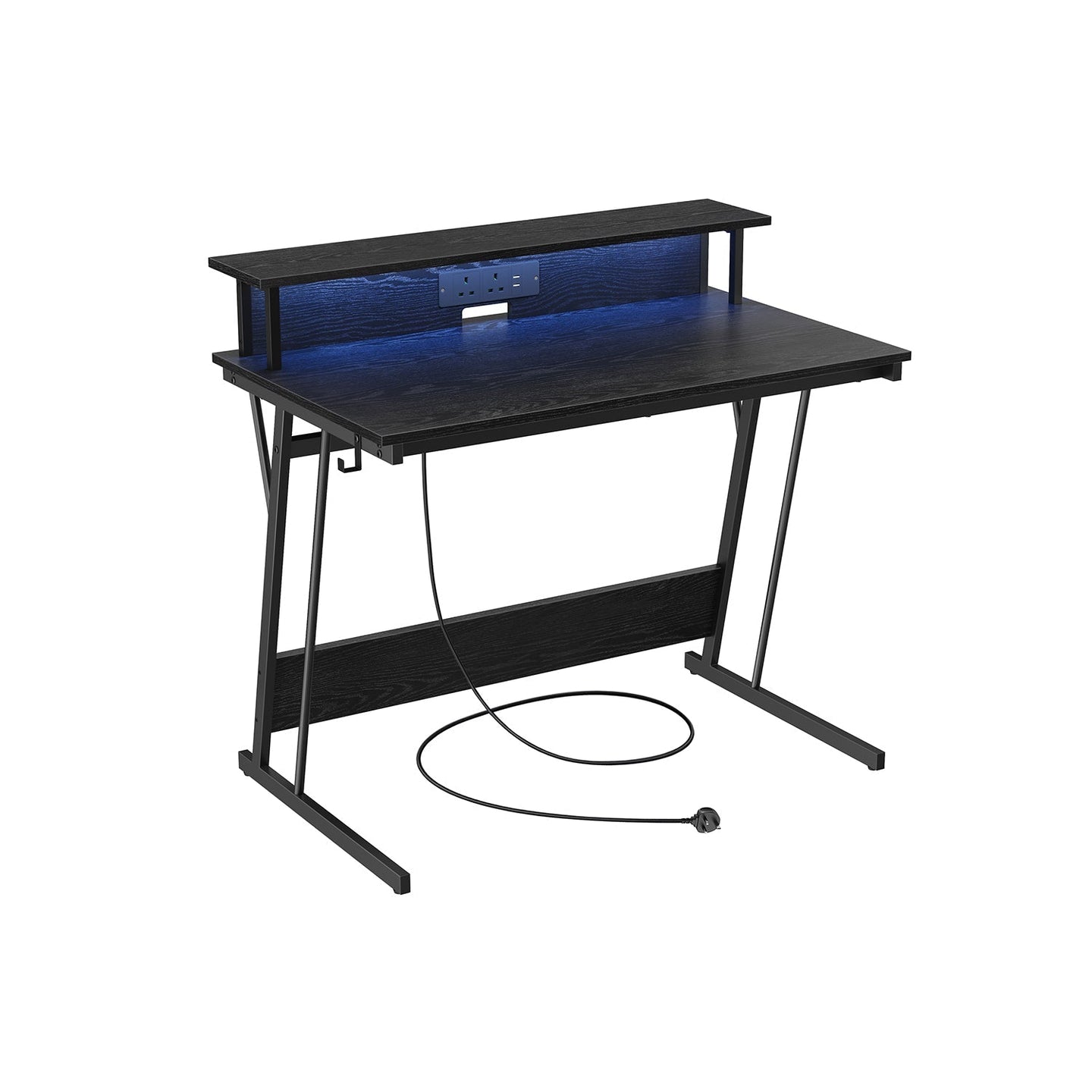 Gaming Desk - MDF - Black - LED Lighting and Built-In Power Outlets