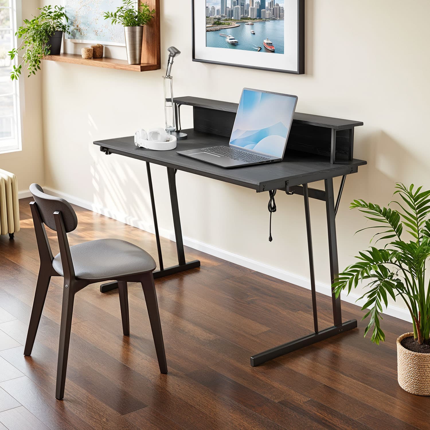 Computer Desk - Engineered Wood - Black - LED Lights and Built-In Power Outlets