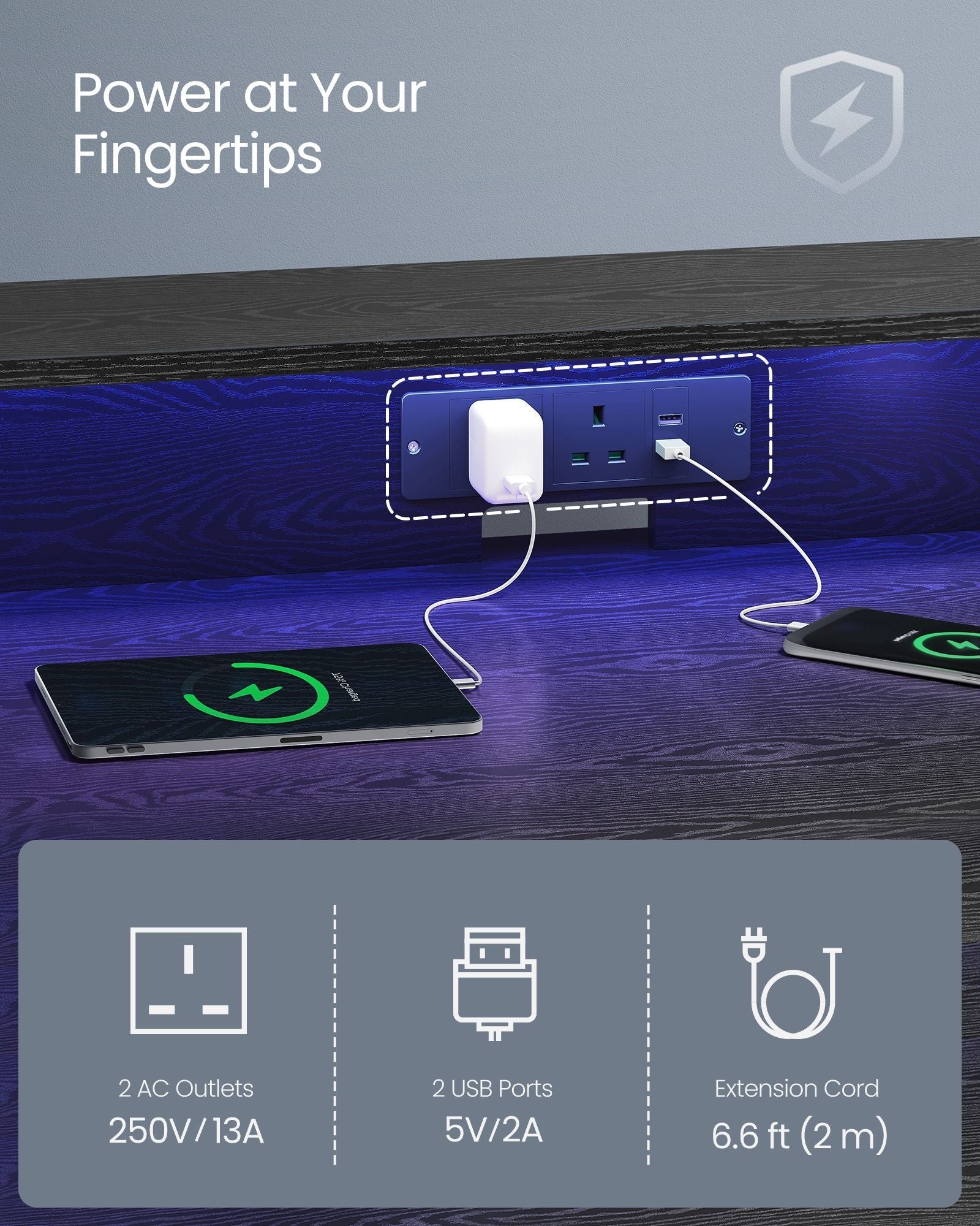 Gaming Desk - MDF - Black - LED Lighting and Built-In Power Outlets