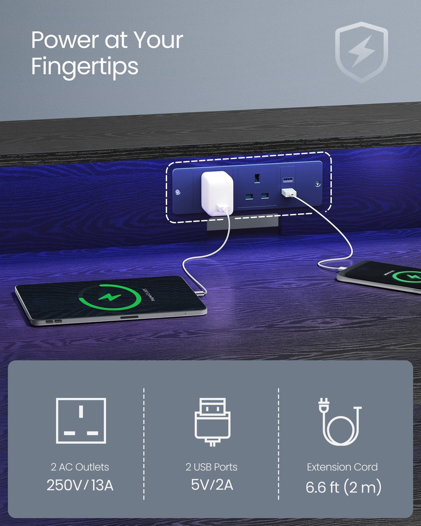 Gaming Desk - MDF - Black - LED Lighting and Built-In Power Outlets