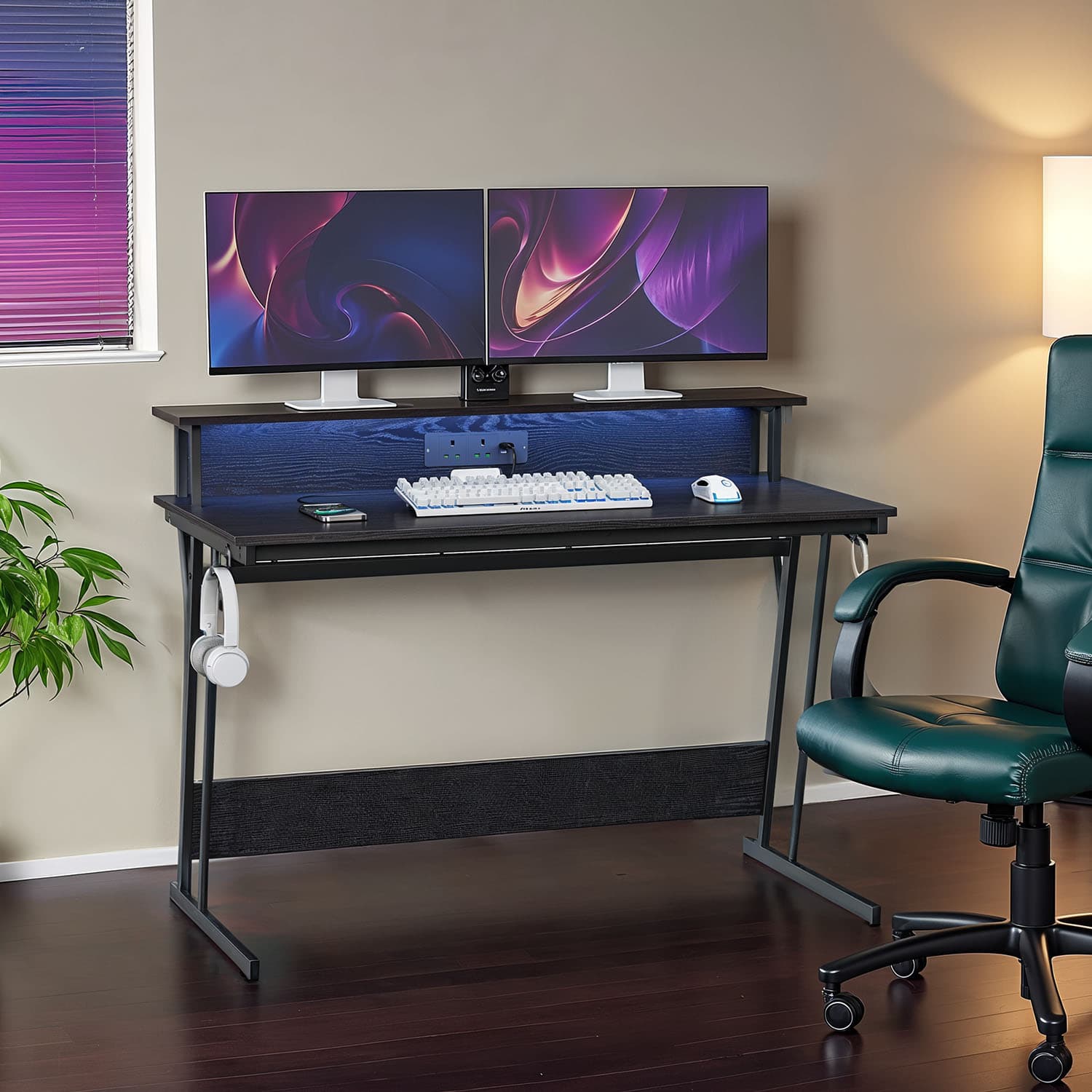 Computer Desk - Engineered Wood - Black - LED Lights and Built-In Power Outlets