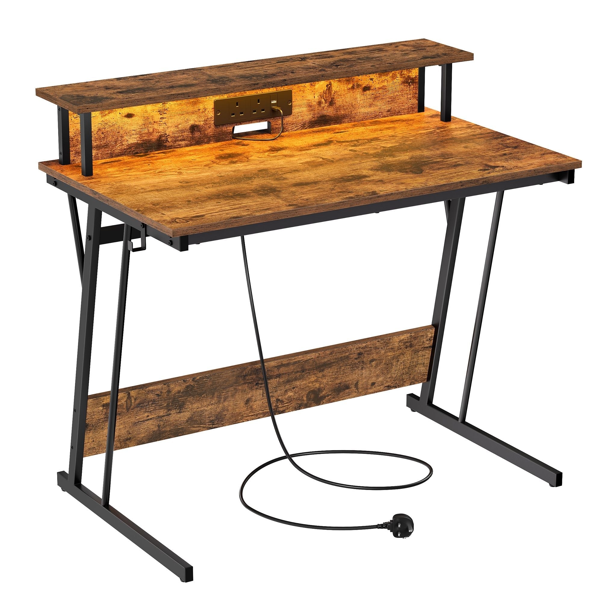 Gaming Desk - Wood - Black - LED Lights and Built-In Power Outlets