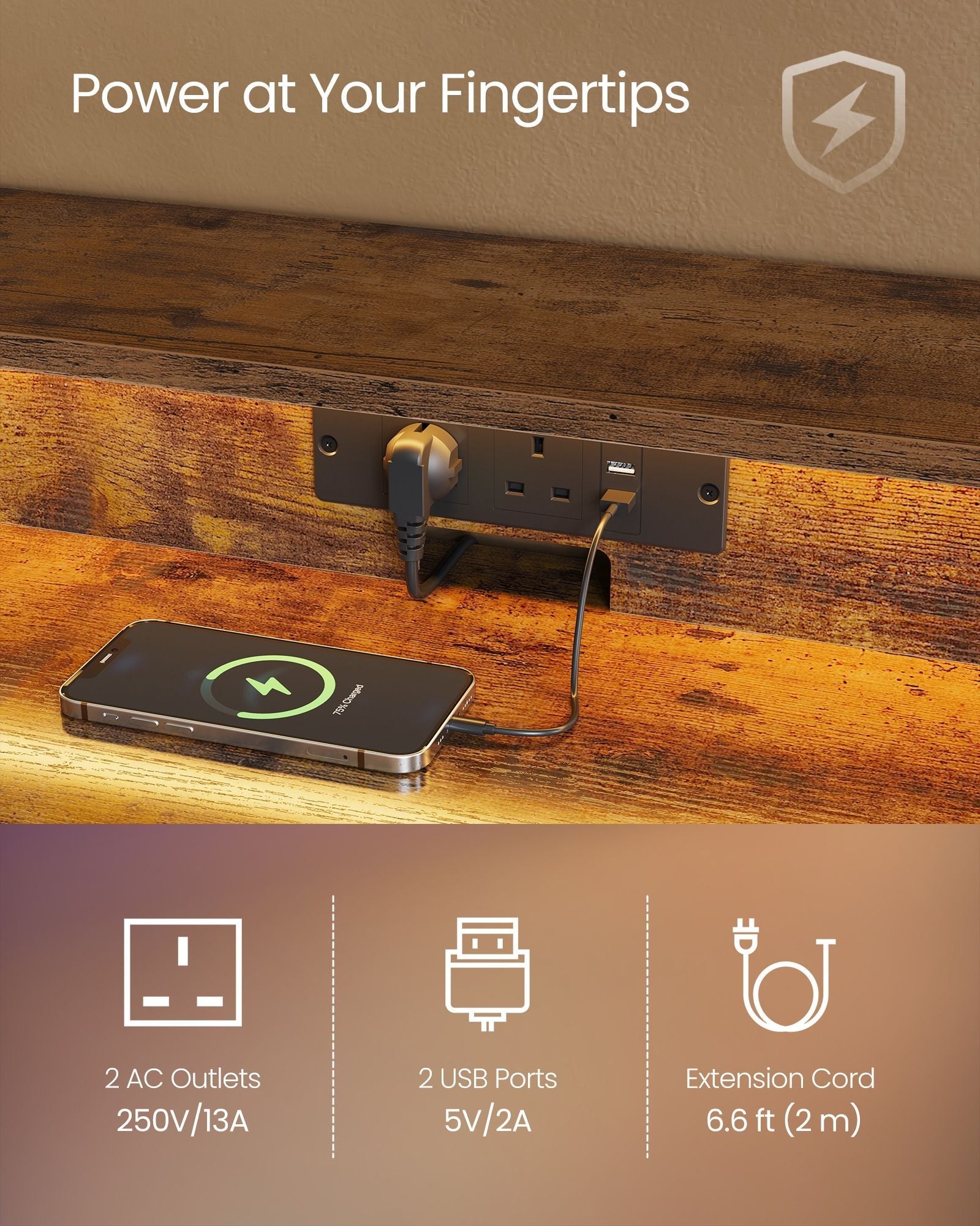 Gaming Desk - Wood - Black - LED Lights and Built-In Power Outlets