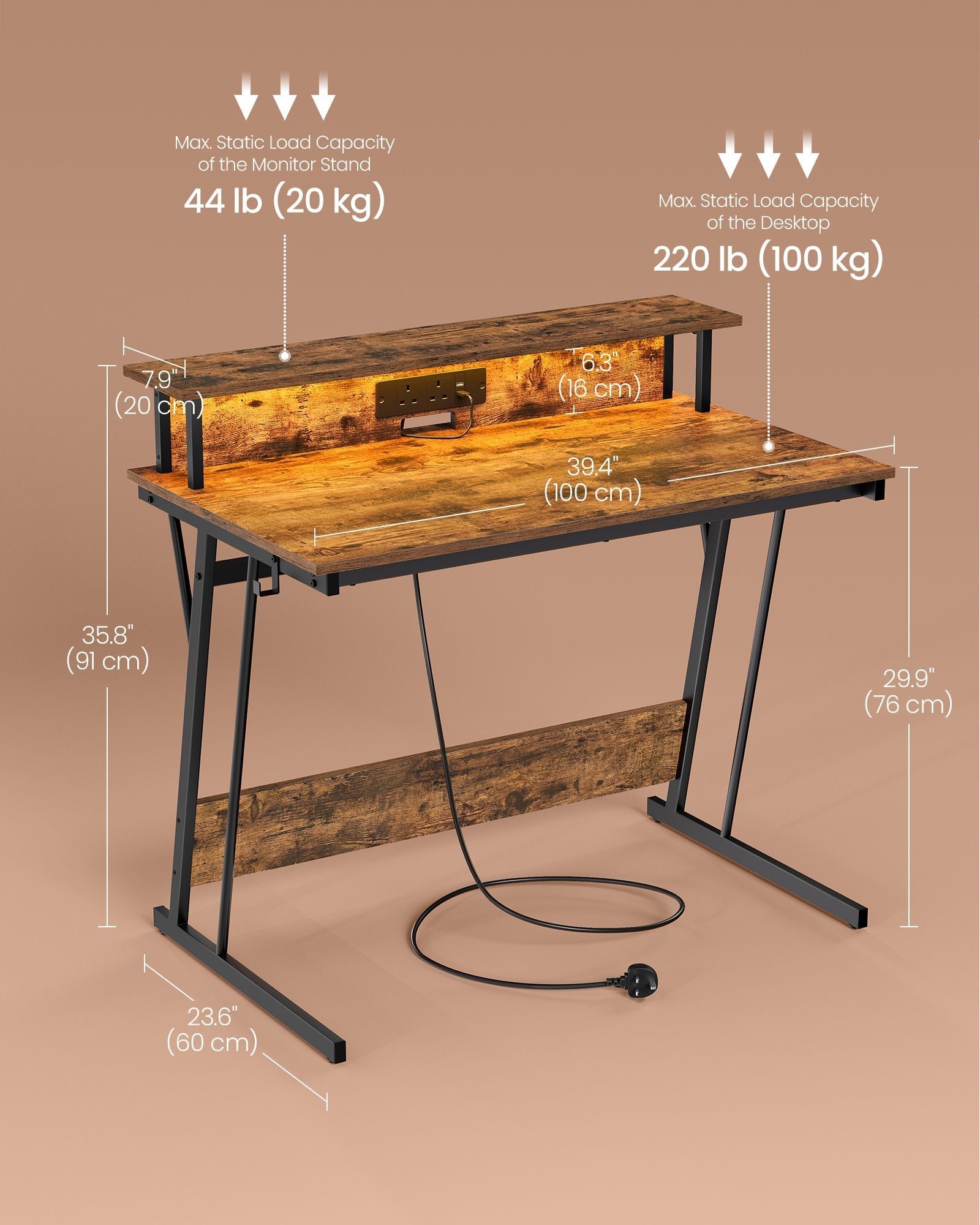 Gaming Desk - Wood - Black - LED Lights and Built-In Power Outlets