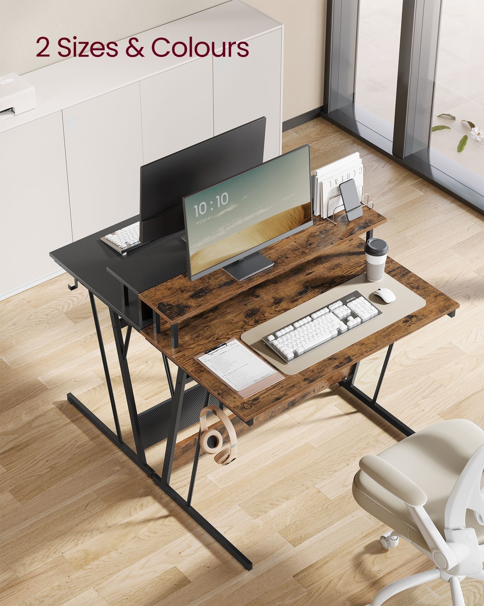 Gaming Desk - Wood - Black - LED Lights and Built-In Power Outlets