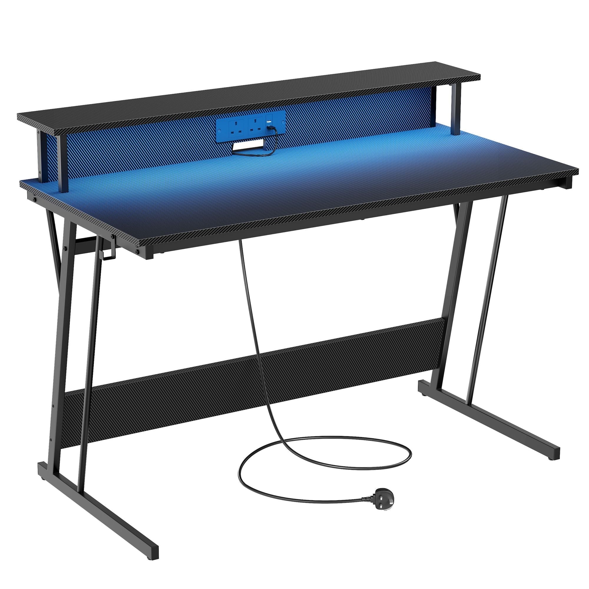 Gaming Desk - Carbon Black - With LED Lights and Built-In Power Outlets