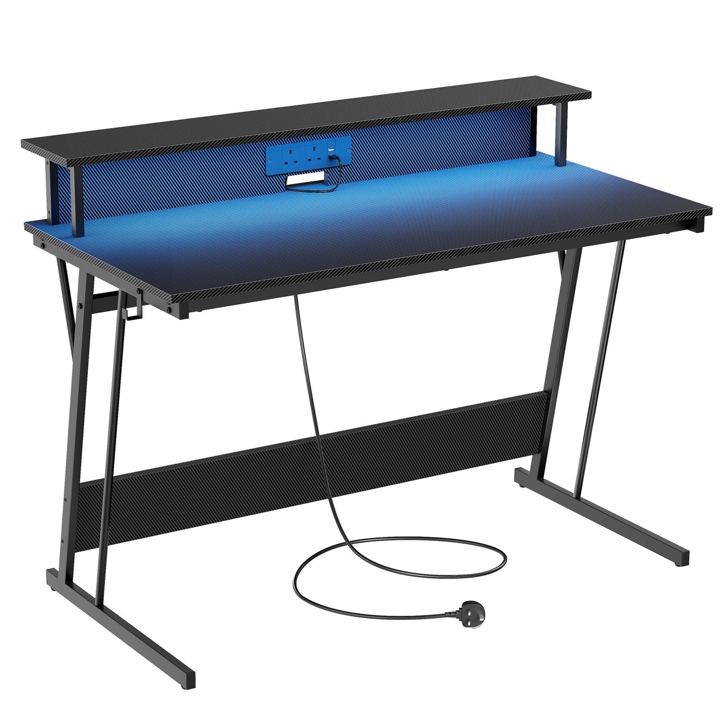 Gaming Desk - Carbon Black - With LED Lights and Built-In Power Outlets
