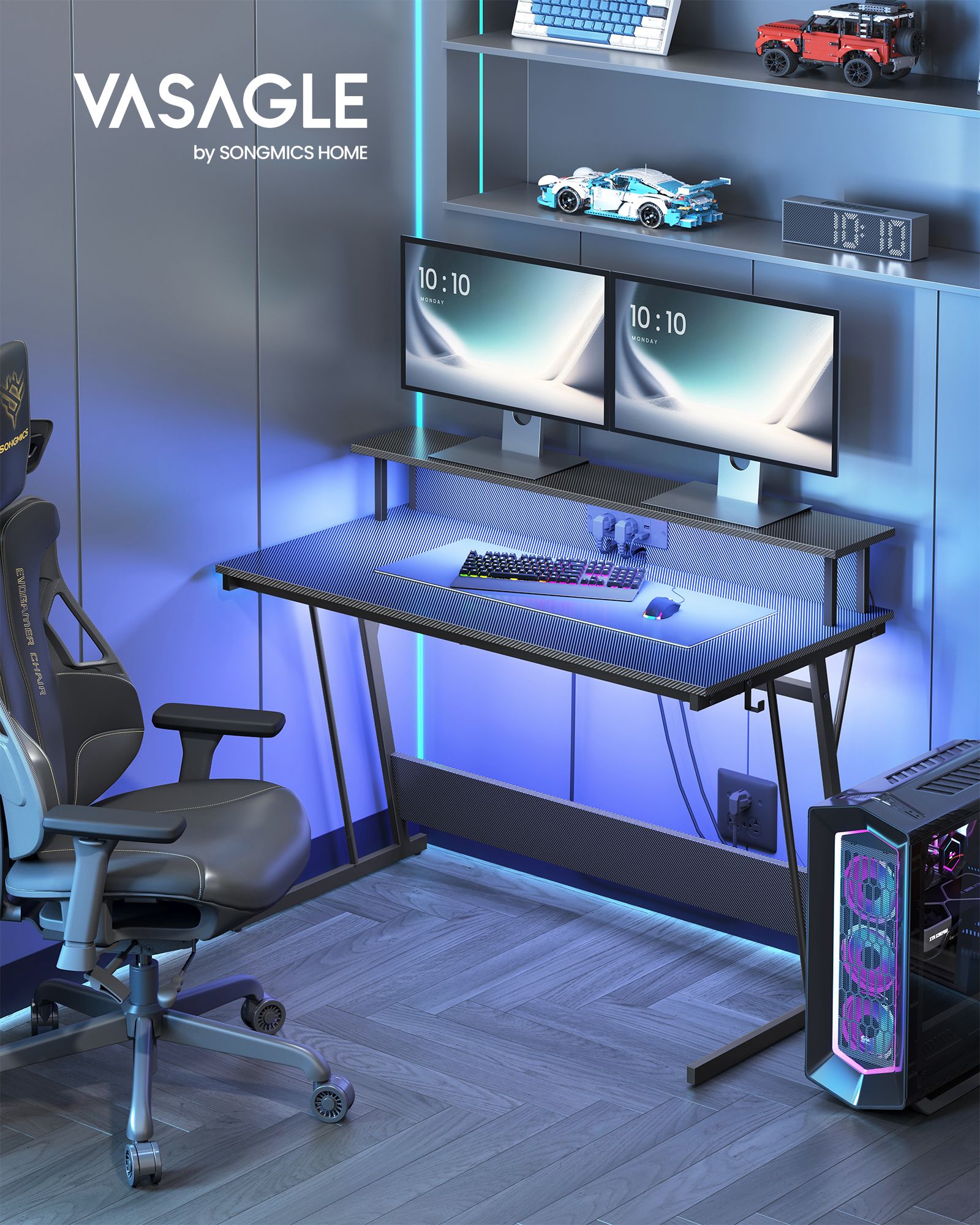 Gaming Desk - Carbon Black - With LED Lights and Built-In Power Outlets