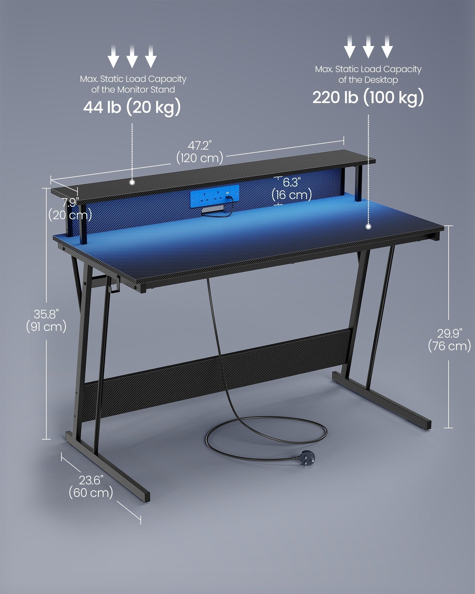 Gaming Desk - Carbon Black - With LED Lights and Built-In Power Outlets