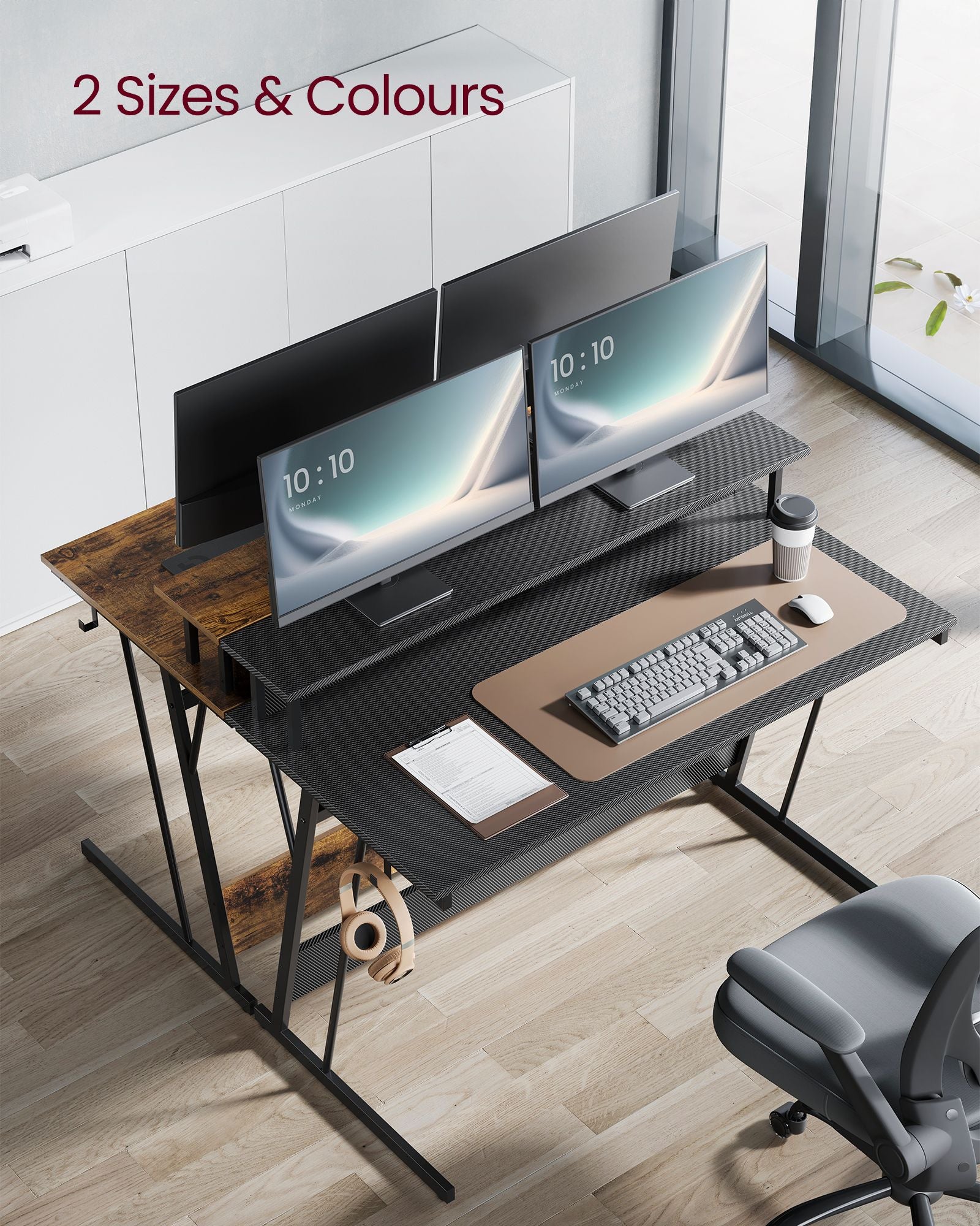 Gaming Desk - Carbon Black - With LED Lights and Built-In Power Outlets