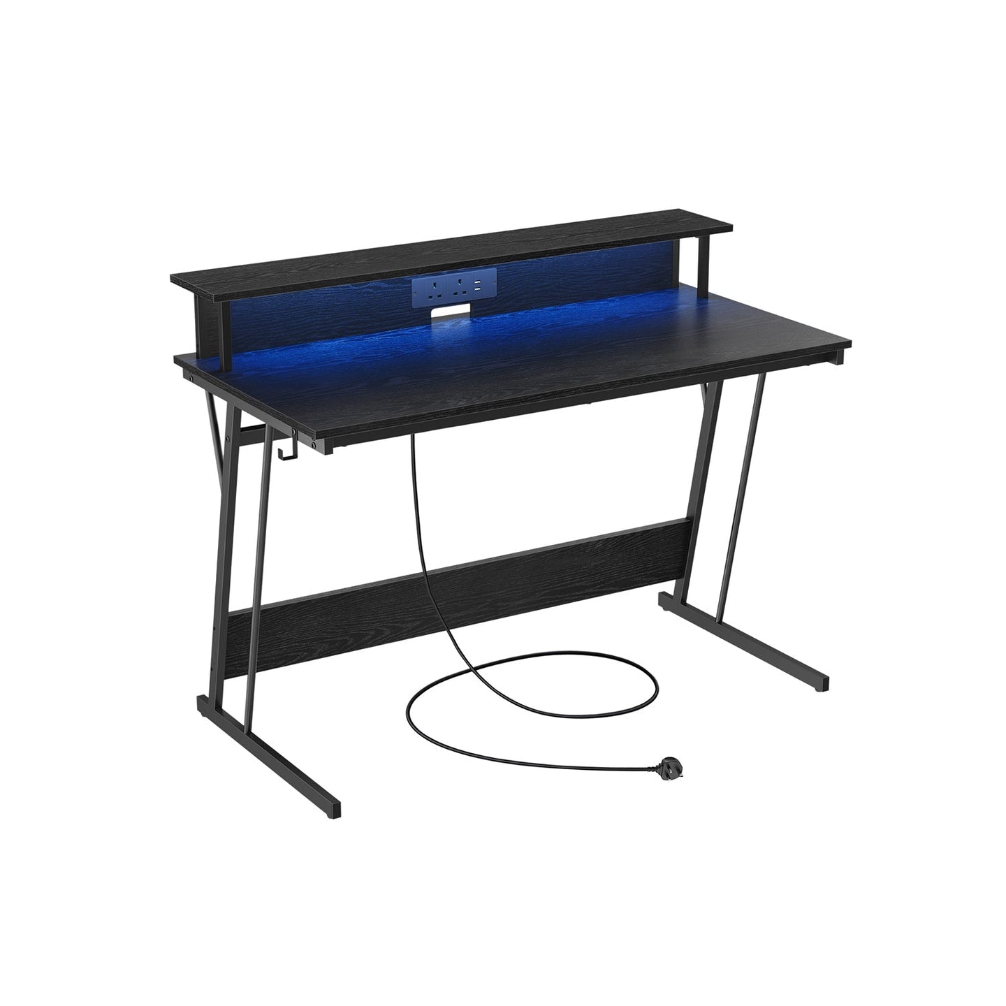 Gaming Desk - MDF - Black - LED Lighting and Built-In Power Outlets