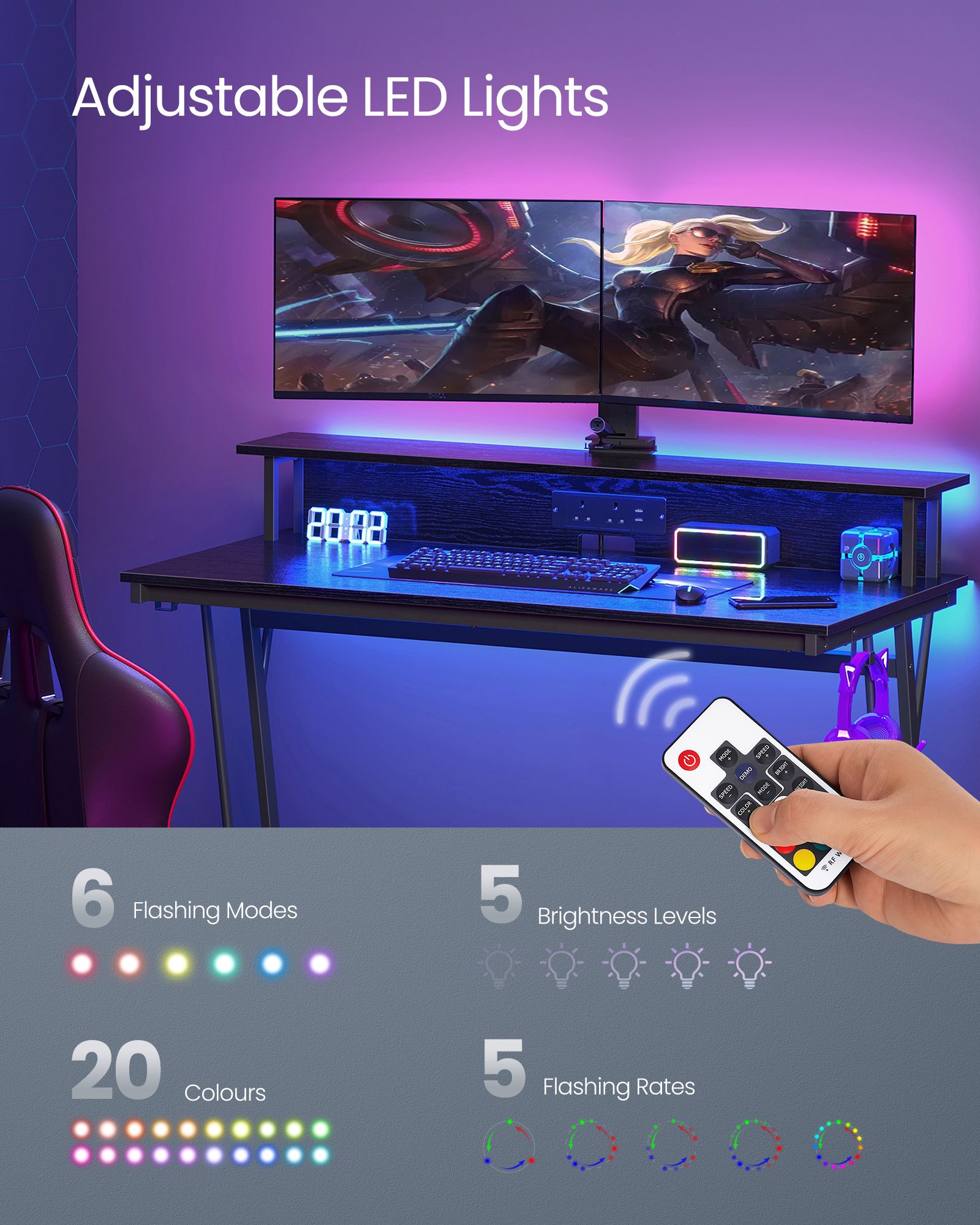Gaming Desk - MDF - Black - LED Lighting and Built-In Power Outlets