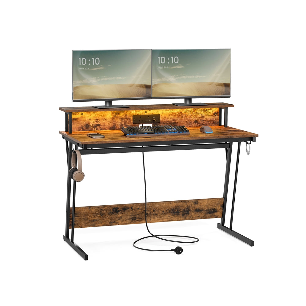 Gaming Desk - MDF - Black - LED Lighting and Built-In Power Outlets