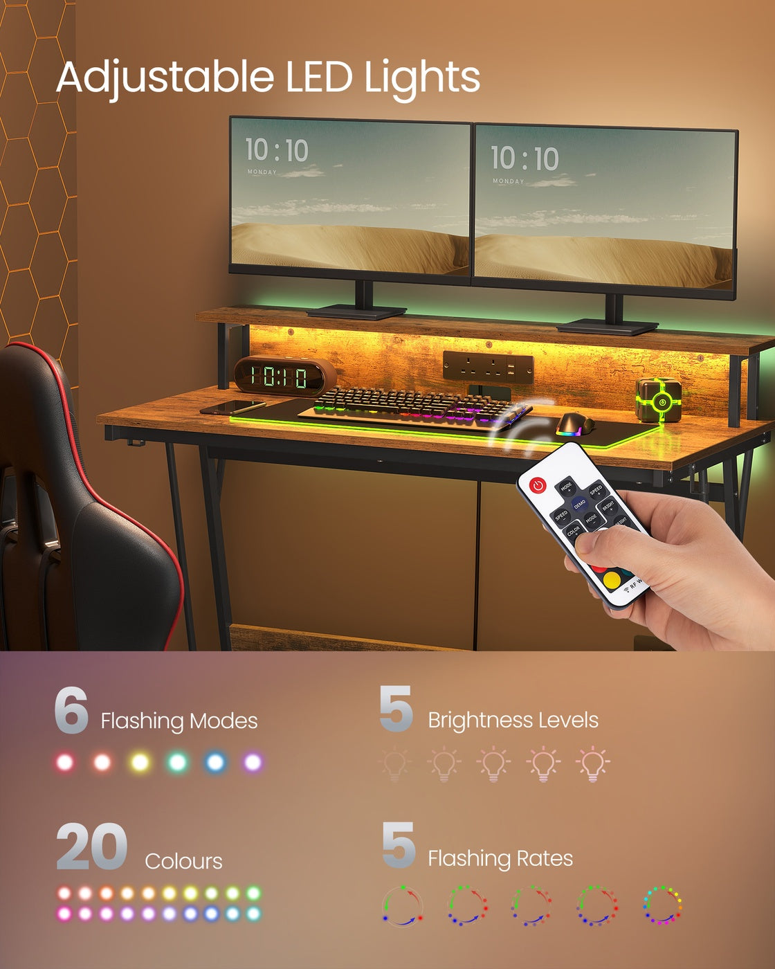 Gaming Desk - MDF - Black - LED Lighting and Built-In Power Outlets