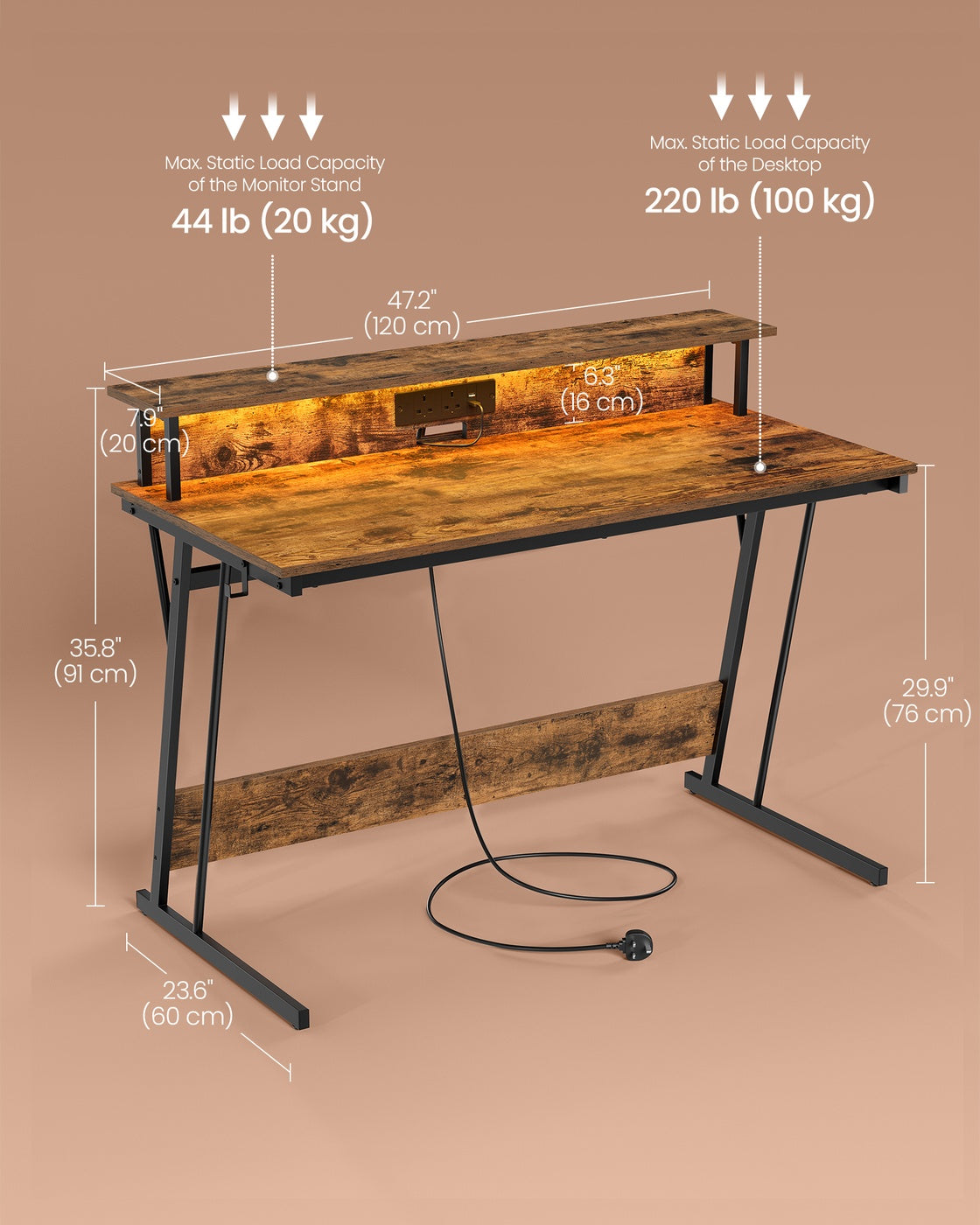 Gaming Desk - MDF - Black - LED Lighting and Built-In Power Outlets