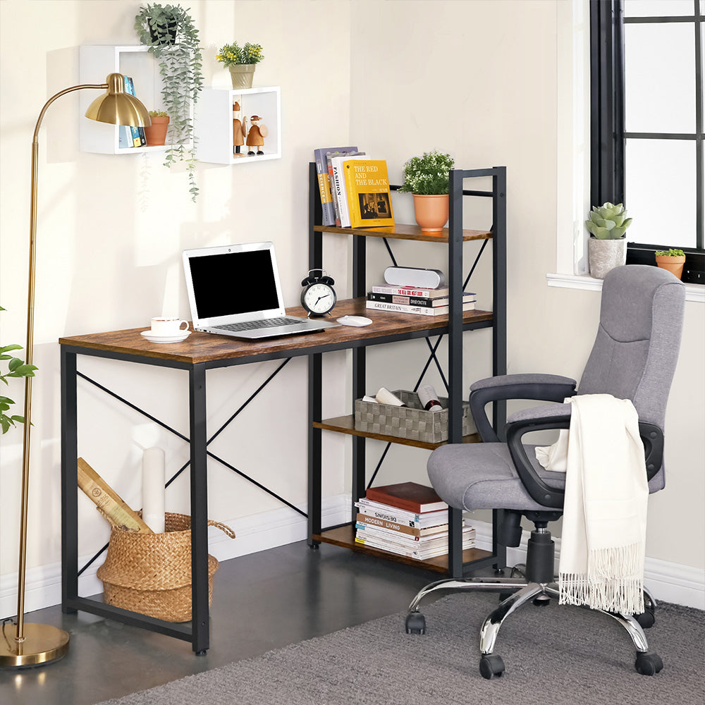 Computer Desk - Wood - Rustic Brown and Black - 120 cm with Storage Shelves