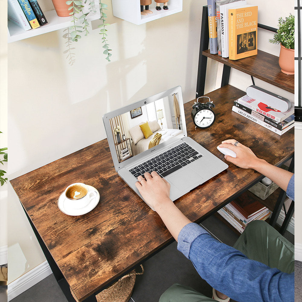 Computer Desk - Wood - Rustic Brown and Black - 120 cm with Storage Shelves