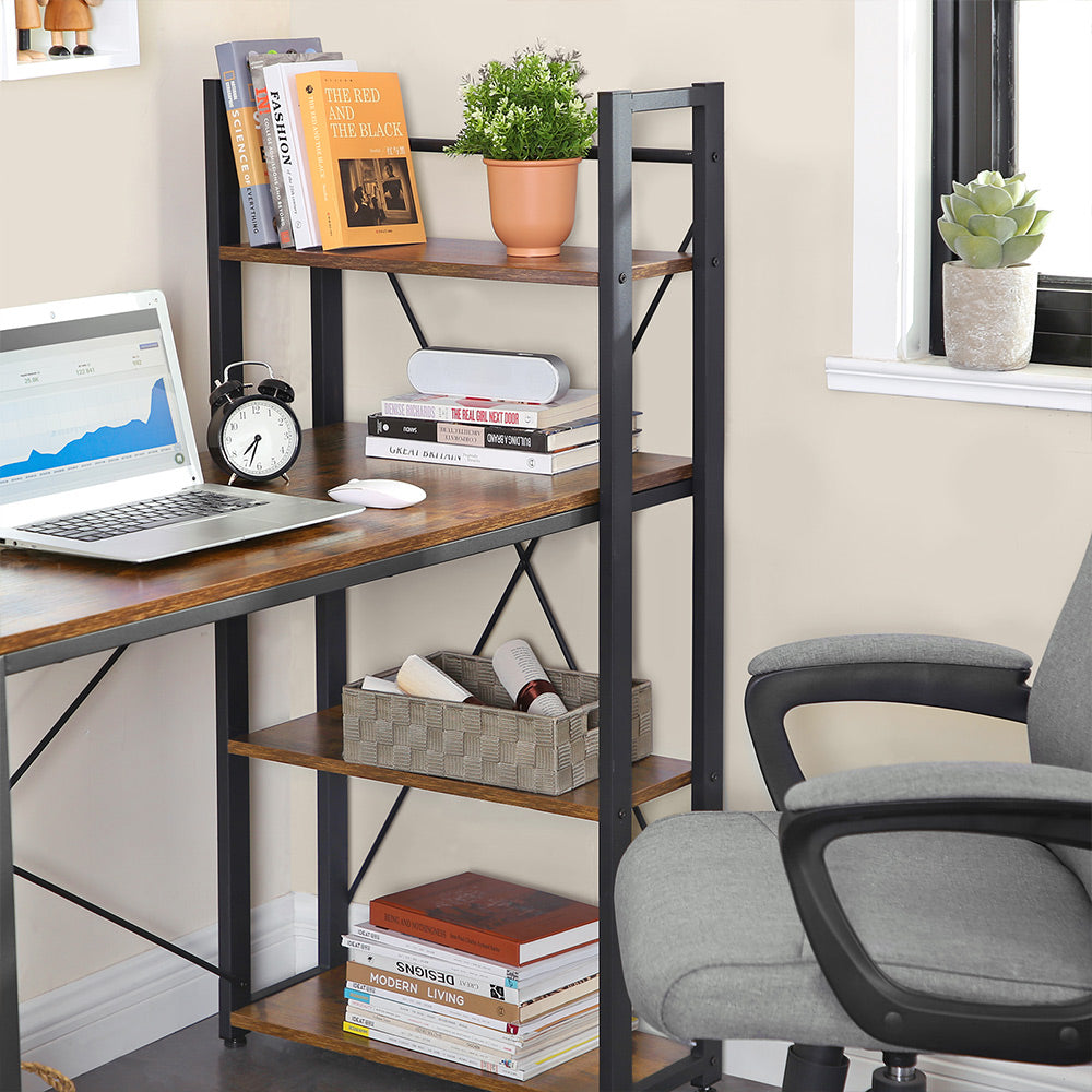 Computer Desk - Wood - Rustic Brown and Black - 120 cm with Storage Shelves