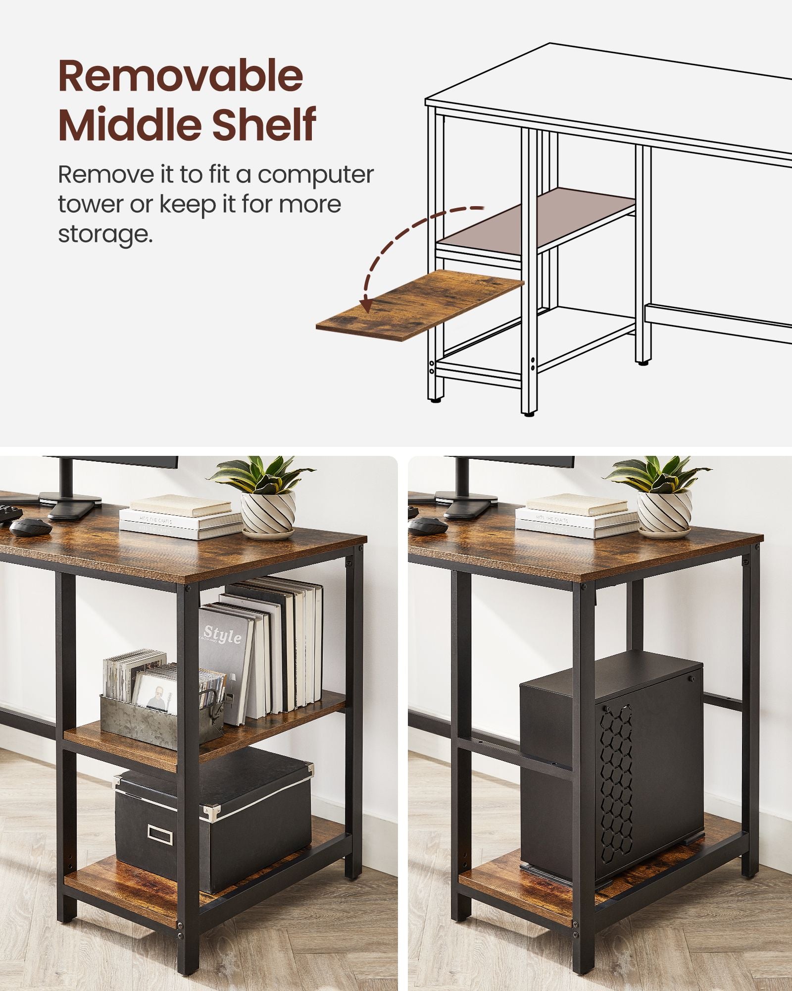 Computer Desk - With 2 Shelves - Steel - Rustic Brown and Black