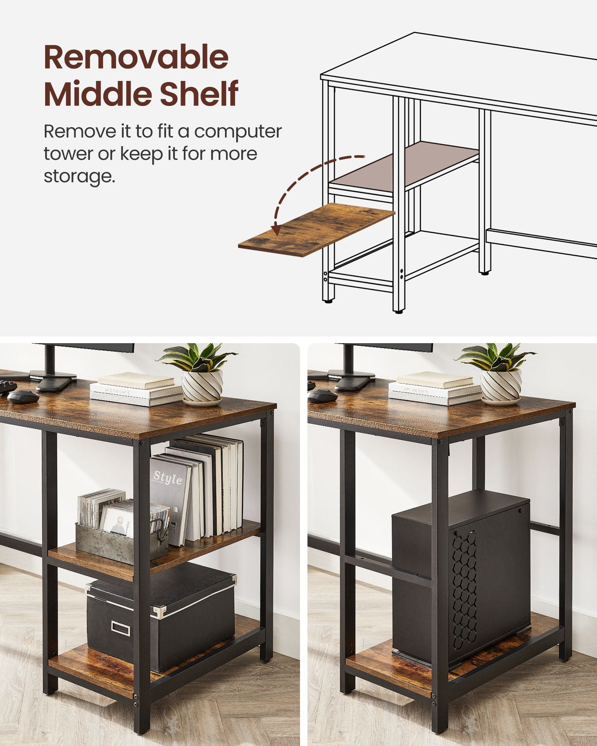 Computer Desk – 2 Storage Shelves – Steel Frame