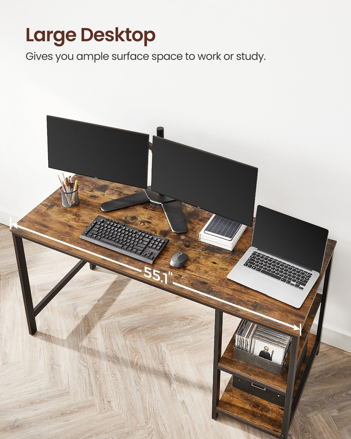 Computer Desk – 2 Storage Shelves – Steel Frame
