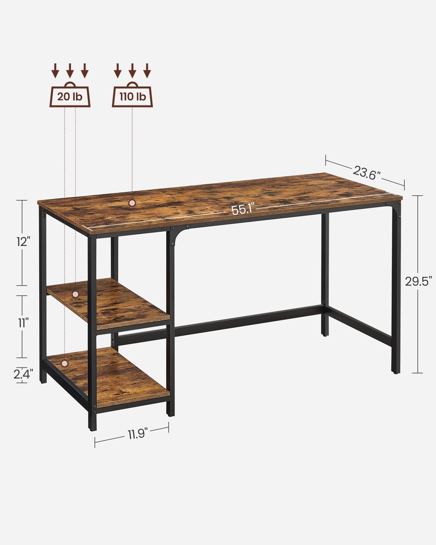Computer Desk - With 2 Shelves - Steel - Rustic Brown and Black