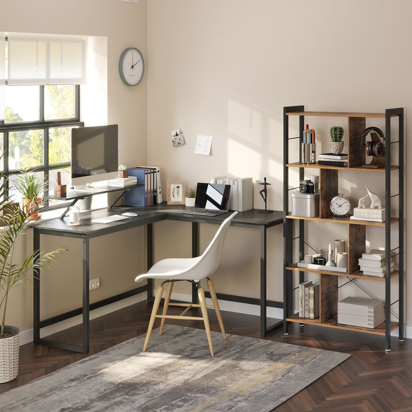 L-Shaped Desk - Wood - Rustic Brown and Black