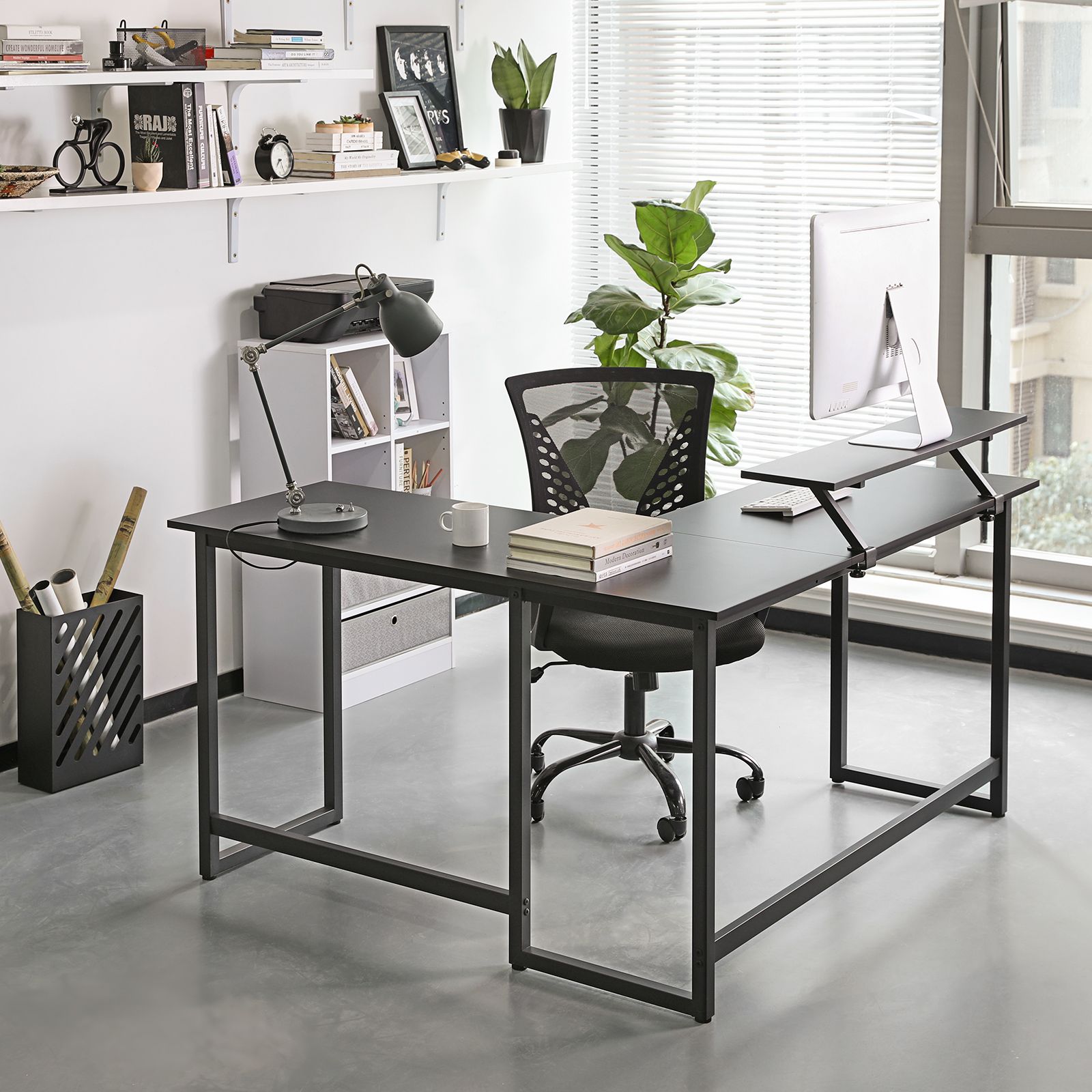 L-Shaped Desk - Wood - Rustic Brown and Black