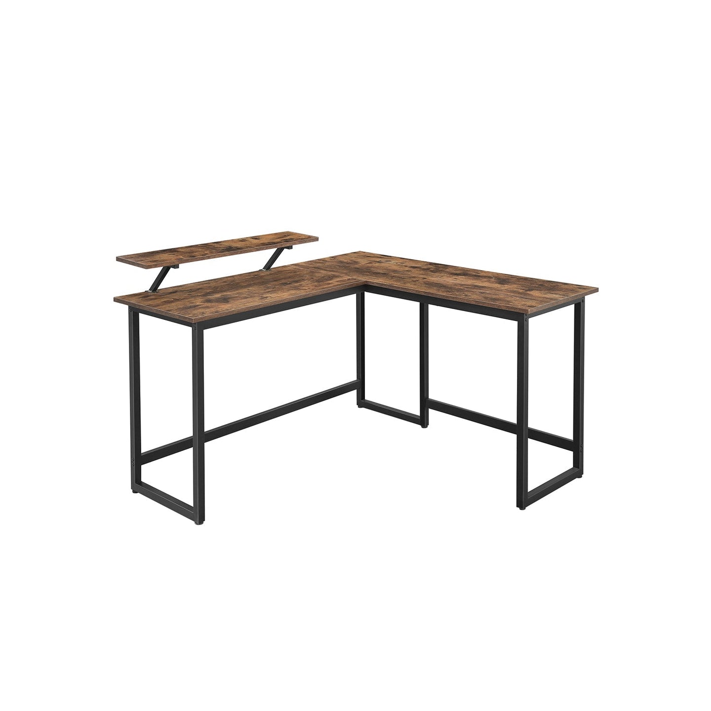 L-Shaped Writing Desk - Wood - Rustic Brown and Black - Industrial Corner Design with Monitor Stand