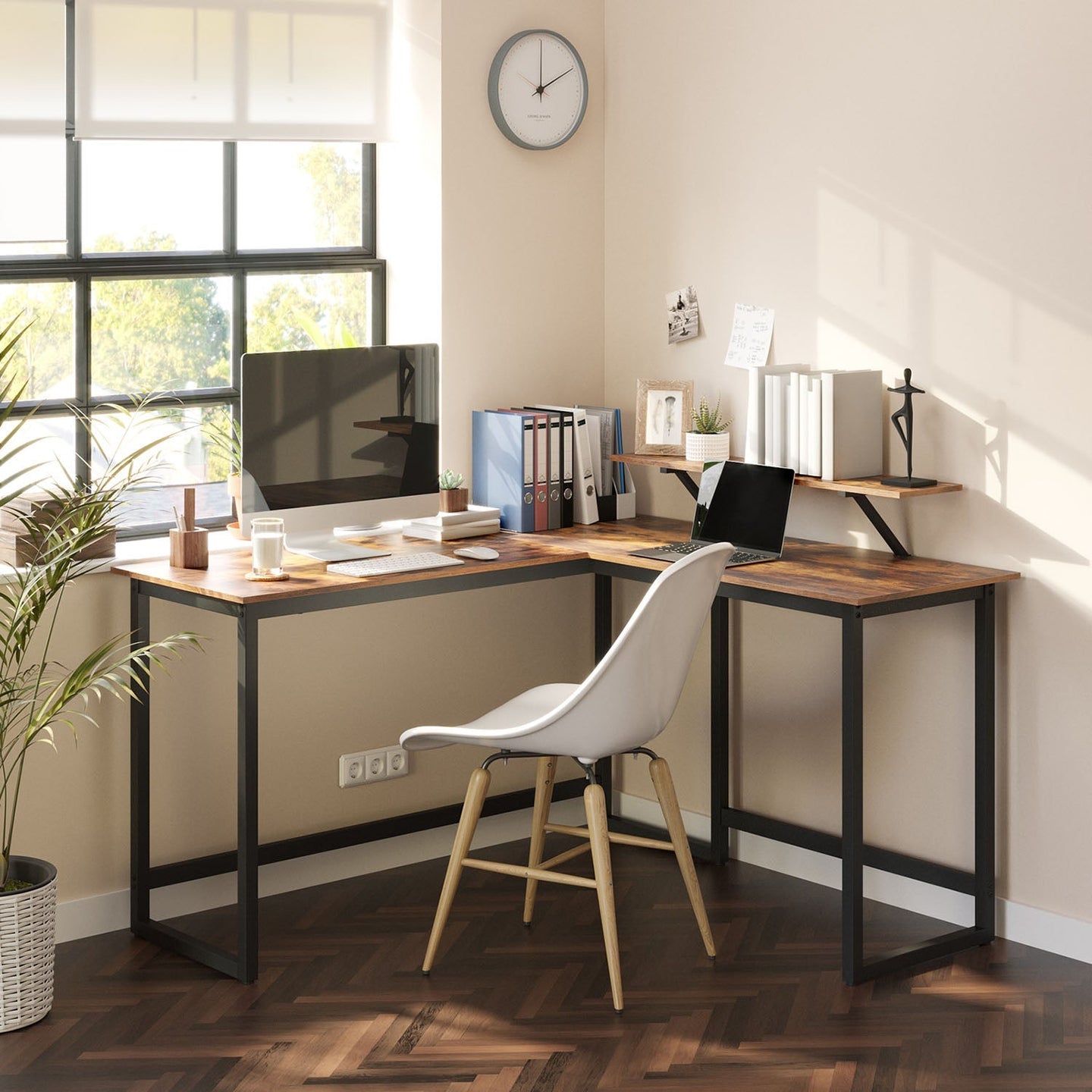 L-Shaped Writing Desk - Wood - Rustic Brown and Black - Industrial Corner Design with Monitor Stand
