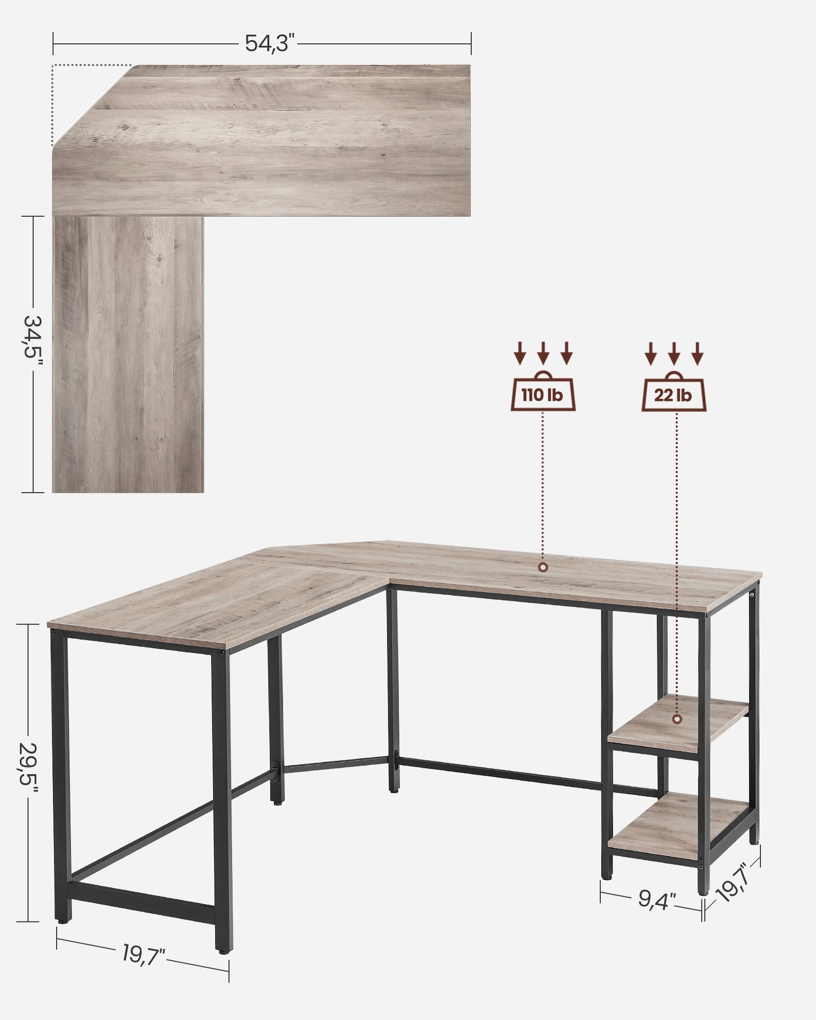 Corner Desk - Wood - Rustic Brown - Space-Saving L-Shaped Workstation with Shelf